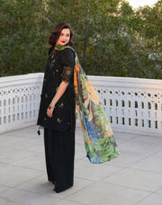 3 Piece - Dhanak Embroidered Suit with Digital Printed Pashmina Shawl (Unstitched)