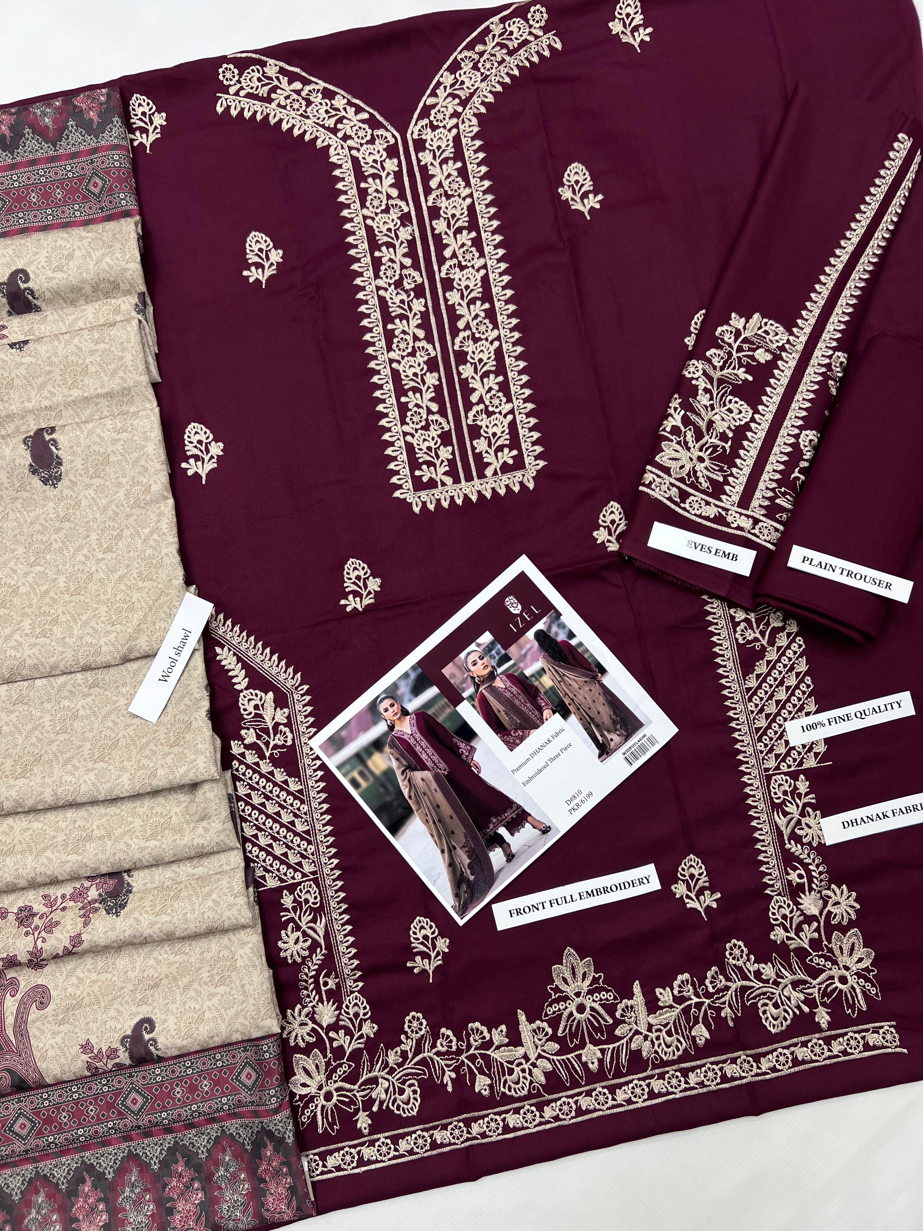 3 Piece - Dhanak Full Heavy Embroidered Suit with Digital Printed Wool Shawl (Unstitched)