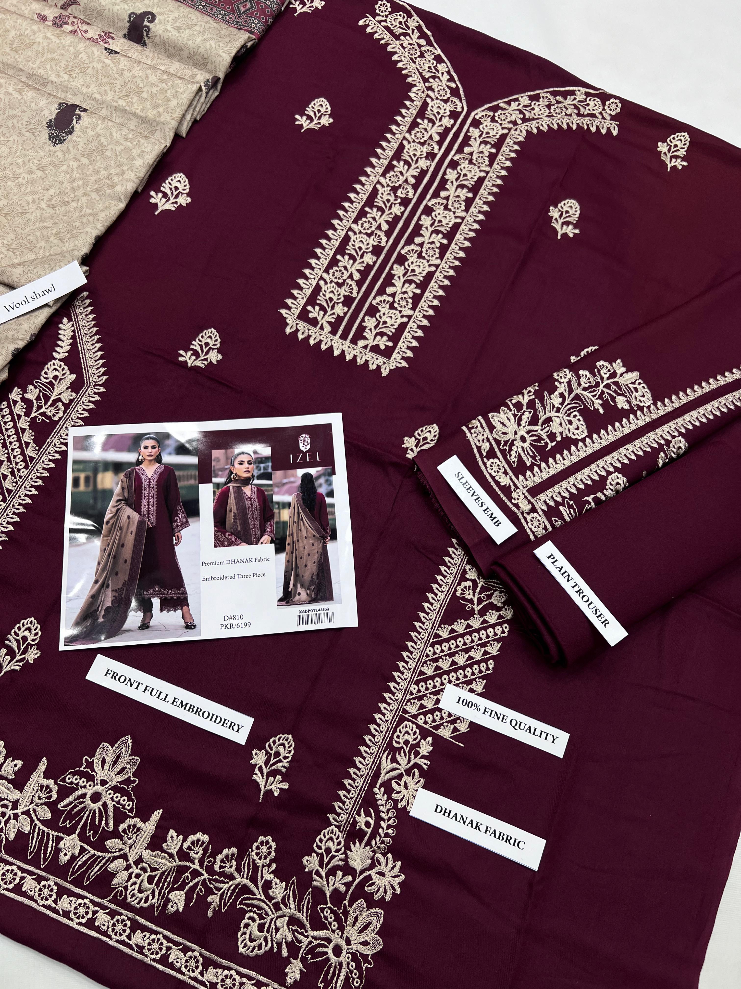 3 Piece - Dhanak Full Heavy Embroidered Suit with Digital Printed Wool Shawl (Unstitched)