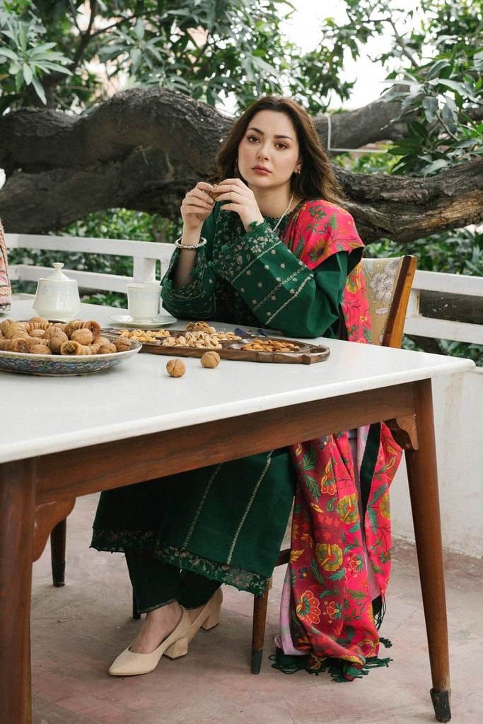 3 Piece - Dhanak Embroidered Suit with Digital Printed Twill Pashmina Wool Shawl (Unstitched)