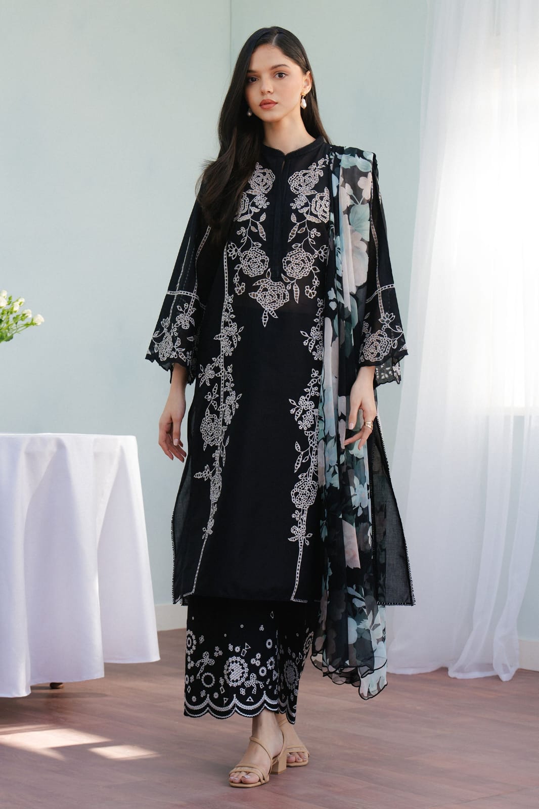 3 Piece - Dhanak Embroidered Suit with Digital Printed Twill Pashmina Wool Shawl (Unstitched)