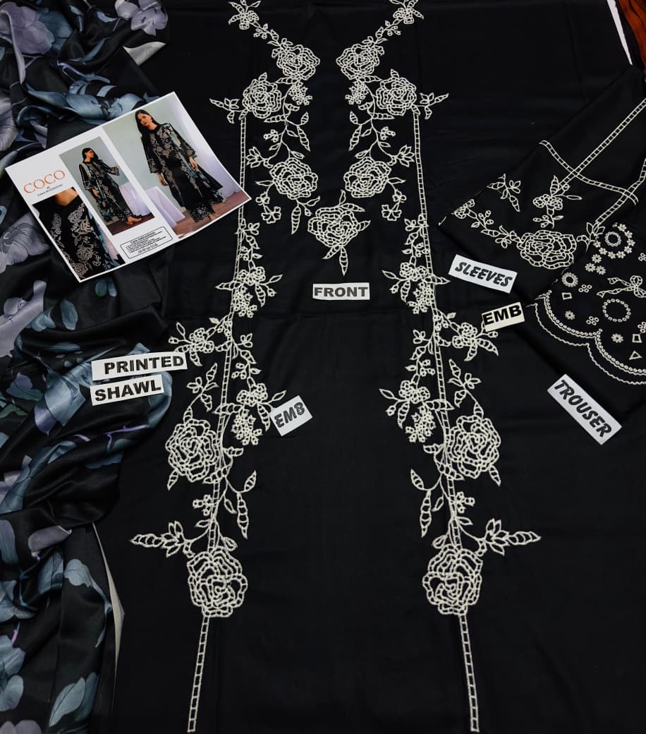 3 Piece - Dhanak Embroidered Suit with Digital Printed Twill Pashmina Wool Shawl (Unstitched)