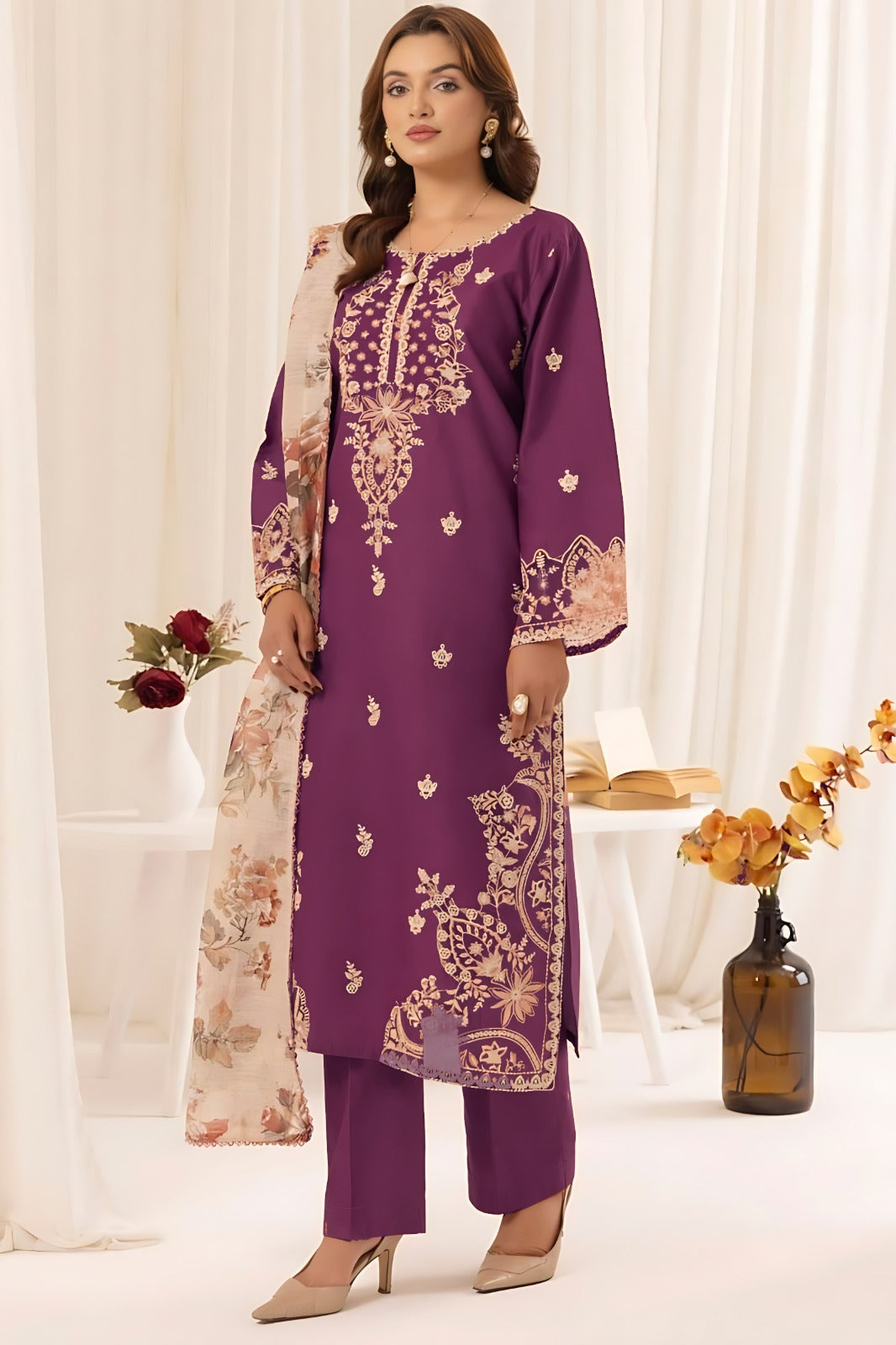 3 Piece - Dhanak Embroidered Suit with Digital Printed Twill Pashmina Wool Shawl (Unstitched)