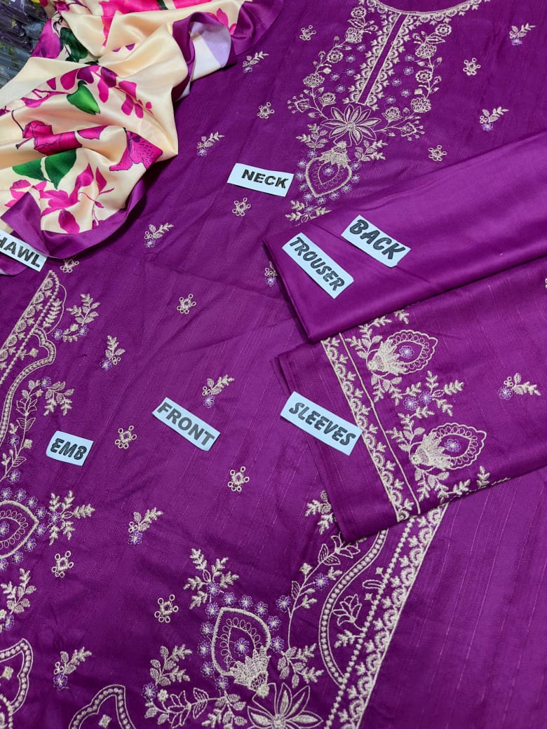 3 Piece - Dhanak Embroidered Suit with Digital Printed Twill Pashmina Wool Shawl (Unstitched)