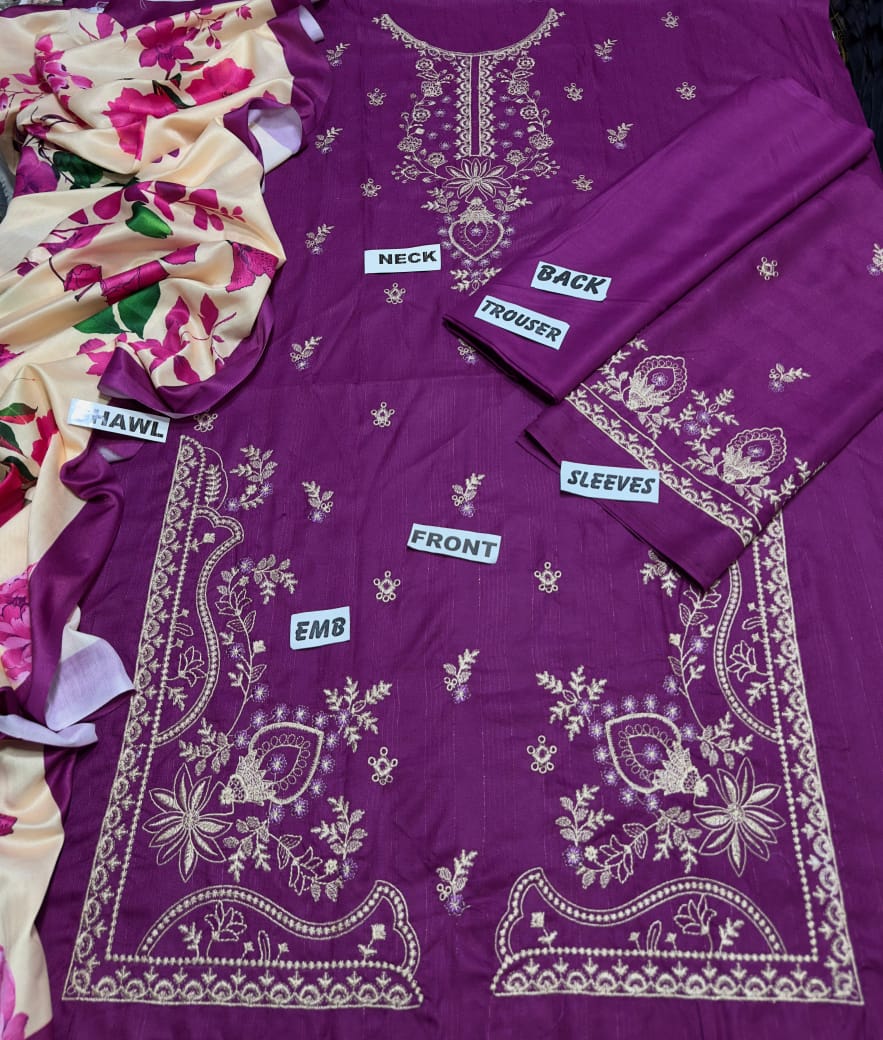 3 Piece - Dhanak Embroidered Suit with Digital Printed Twill Pashmina Wool Shawl (Unstitched)