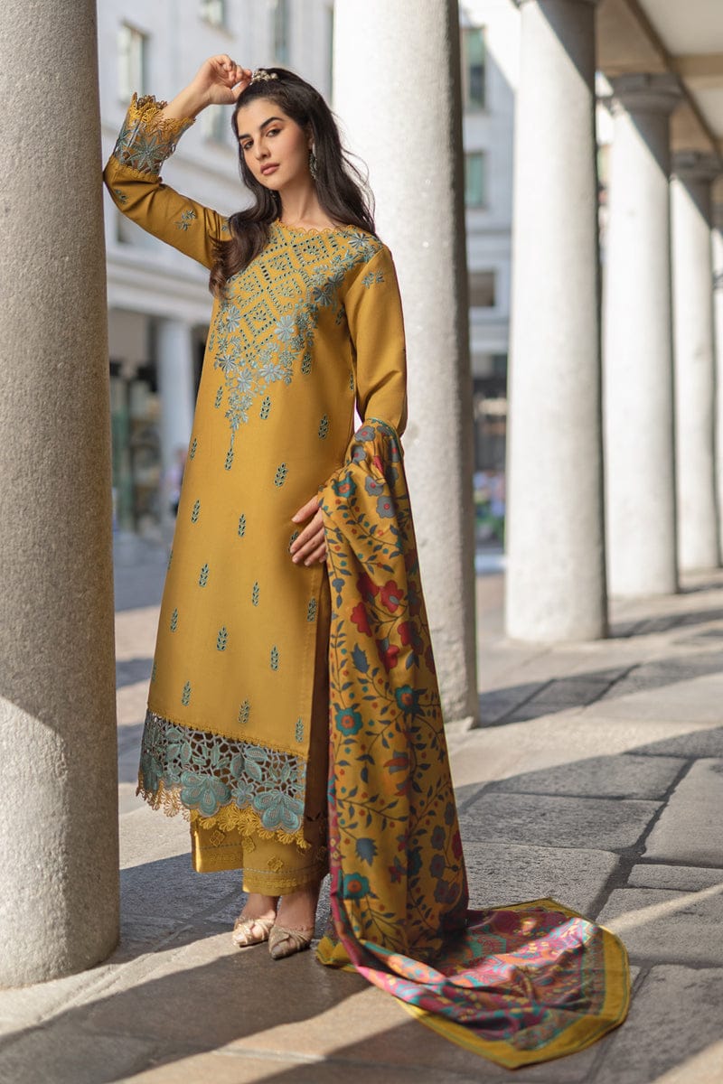 3 Piece - Dhanak Embroidered Suit with Digital Printed Twill Pashmina Wool Shawl (Unstitched)