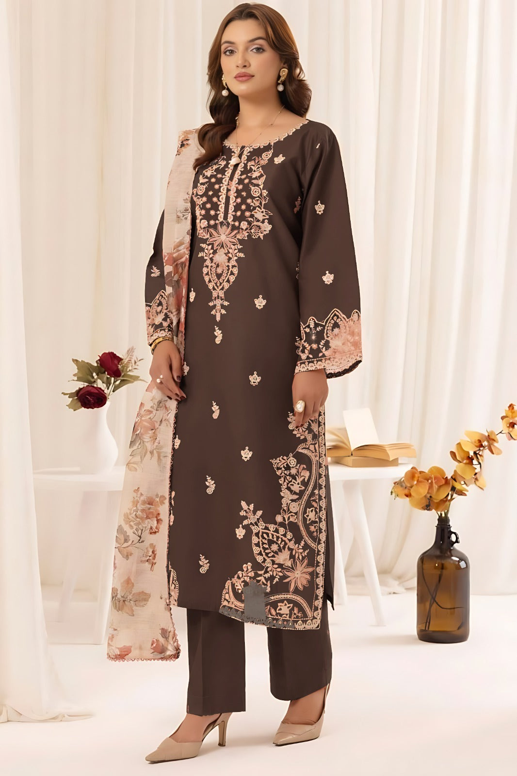 3 Piece - Dhanak Embroidered Suit with Digital Printed Twill Pashmina Wool Shawl (Unstitched)