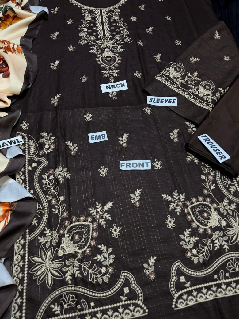 3 Piece - Dhanak Embroidered Suit with Digital Printed Twill Pashmina Wool Shawl (Unstitched)