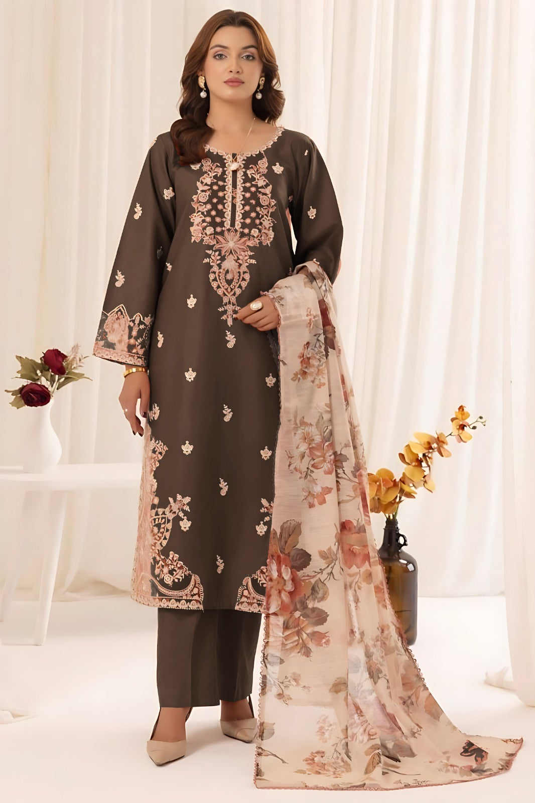 3 Piece - Dhanak Embroidered Suit with Digital Printed Twill Pashmina Wool Shawl (Unstitched)