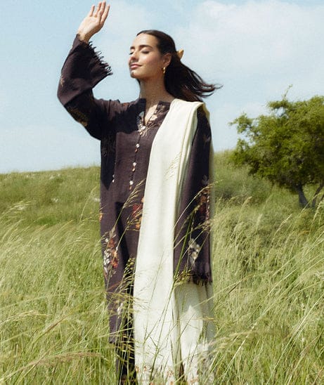 3 Piece - Dhanak Embroidered Suit with Digital Printed Twill Pashmina Wool Shawl (Unstitched)