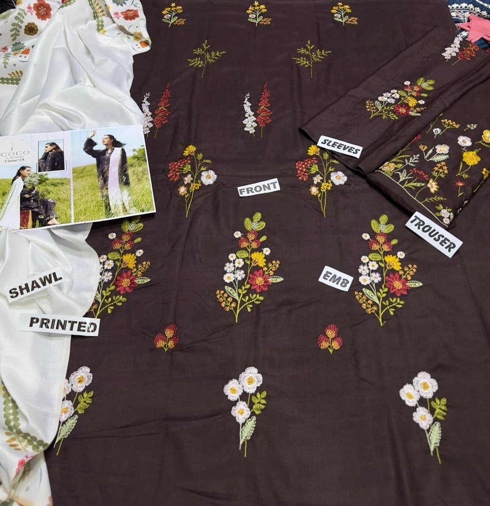 3 Piece - Dhanak Embroidered Suit with Digital Printed Twill Pashmina Wool Shawl (Unstitched)