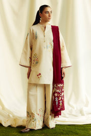 3 Piece - Dhanak Embroidered Suit with Digital Printed Twill Pashmina Wool Shawl (Unstitched)