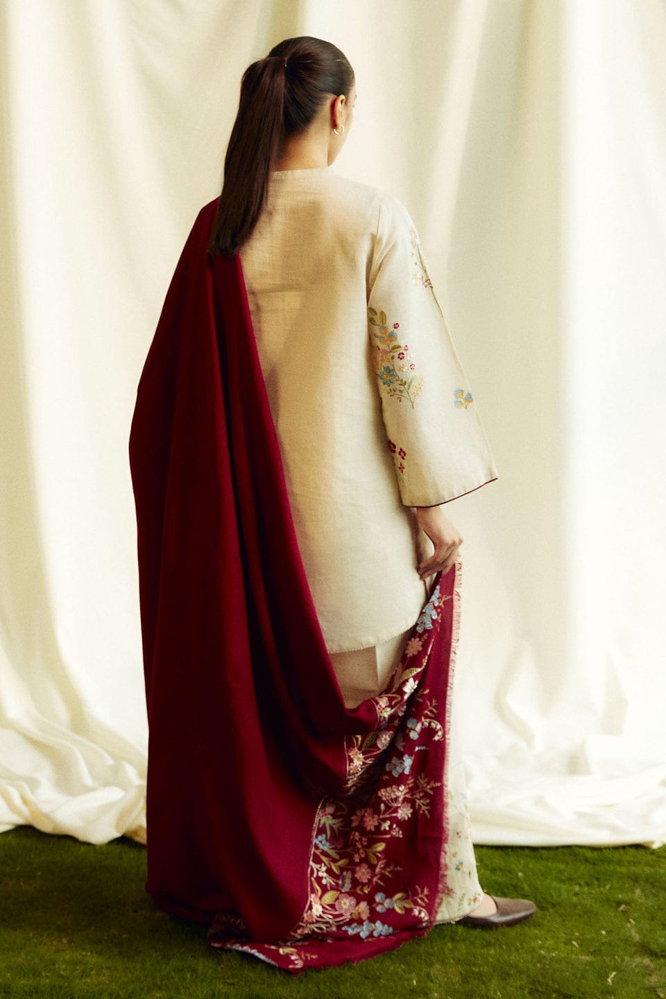 3 Piece - Dhanak Embroidered Suit with Digital Printed Twill Pashmina Wool Shawl (Unstitched)