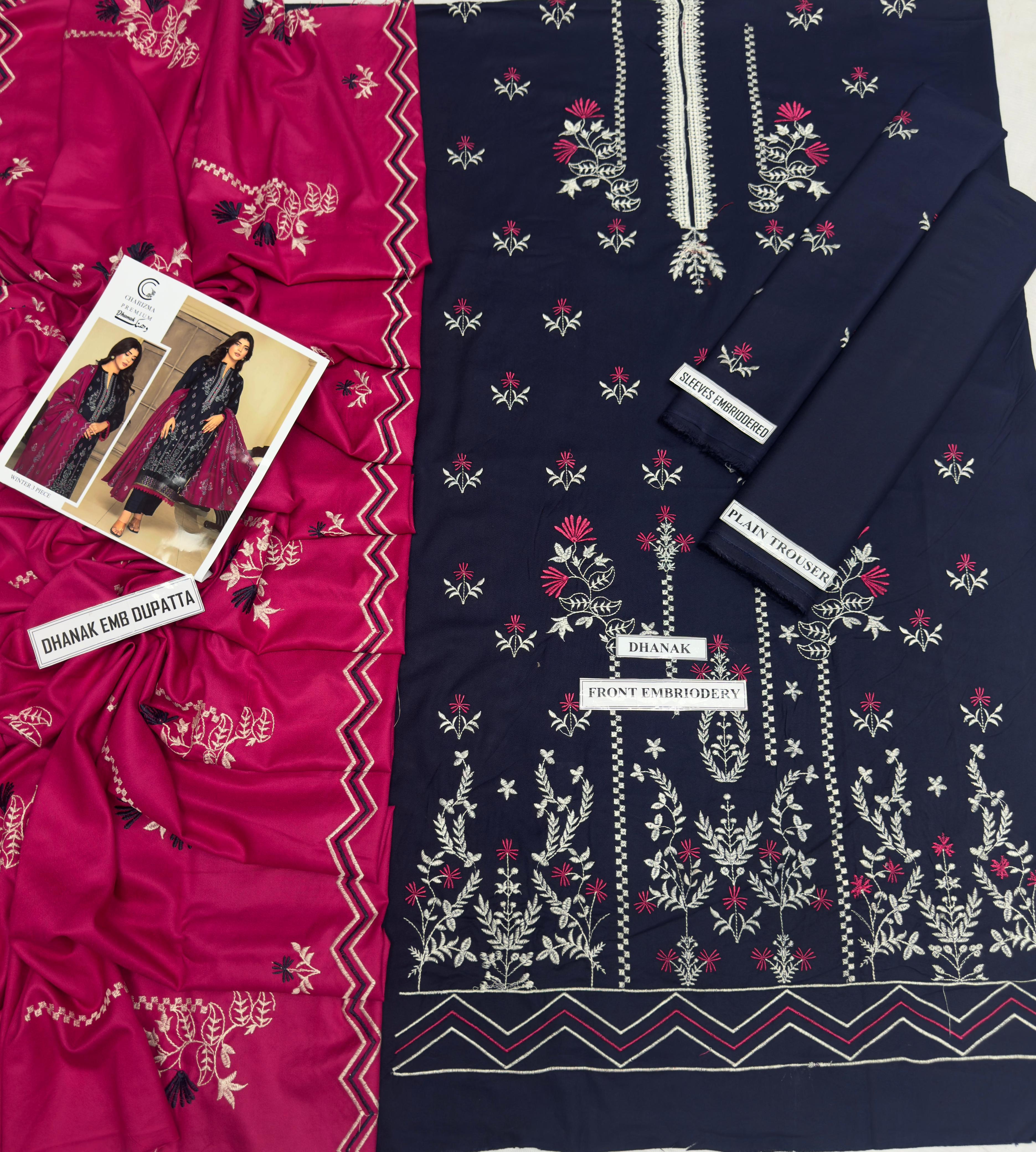 3 Piece - Dhanak Full Heavy Embroidered Suit with Dhanak Embroidered Dupatta (Unstitched)