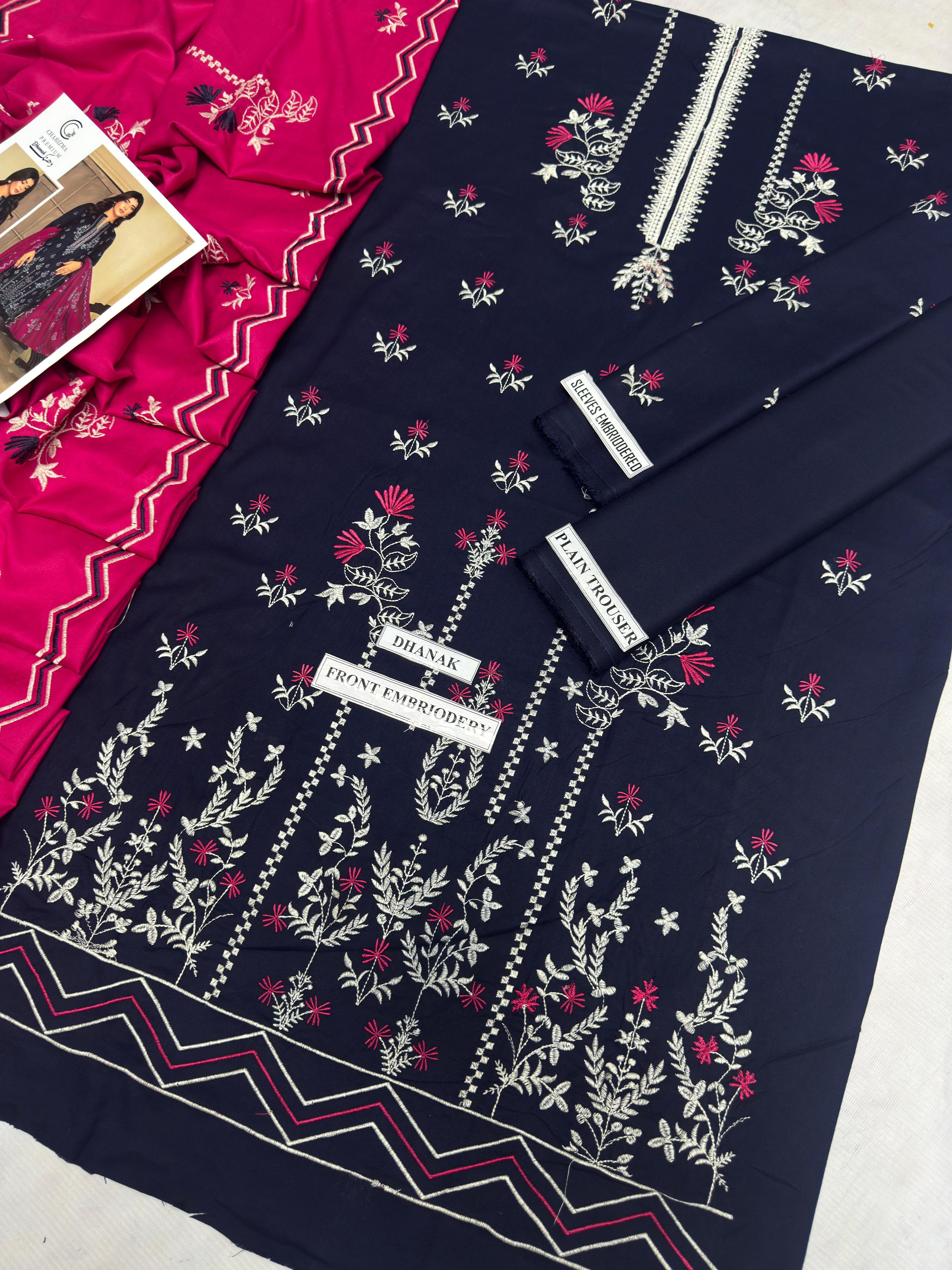 3 Piece - Dhanak Full Heavy Embroidered Suit with Dhanak Embroidered Dupatta (Unstitched)