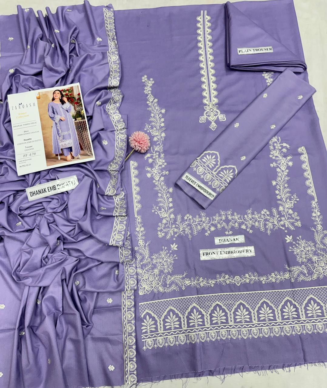 3 Piece - Dhanak Full Heavy Embroidered Suit with Dhanak Embroidered Dupatta (Unstitched)
