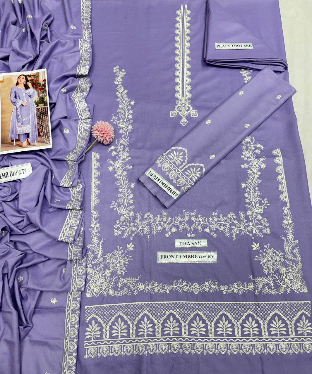 3 Piece - Dhanak Full Heavy Embroidered Suit with Dhanak Embroidered Dupatta (Unstitched)