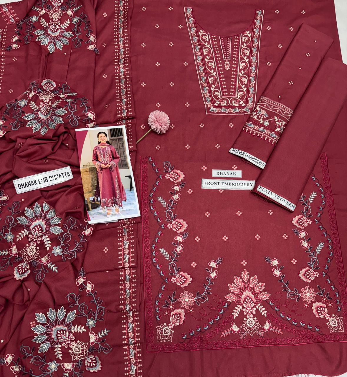 3 Piece - Dhanak Full Heavy Embroidered Suit with Dhanak Embroidered Shawl (Unstitched)