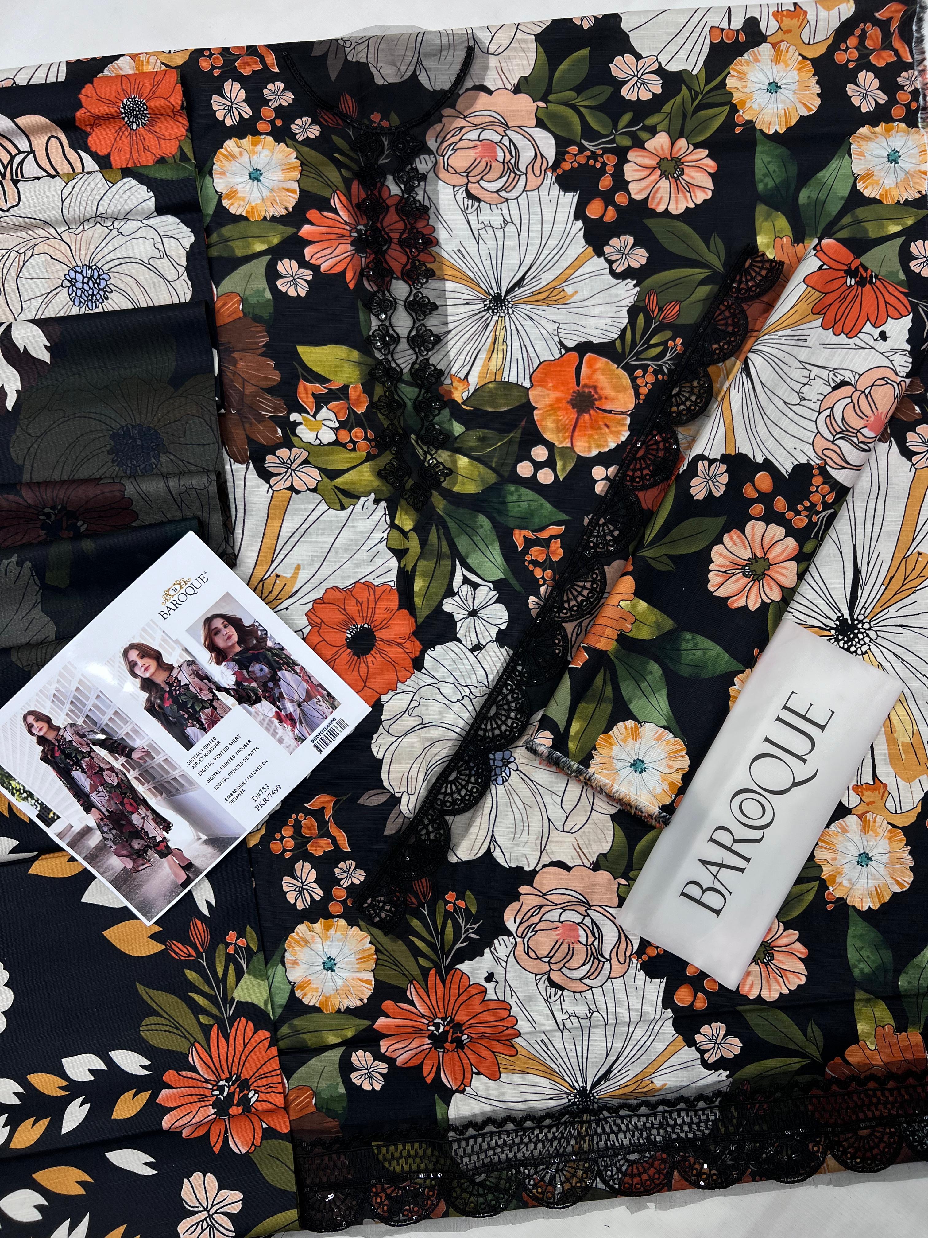 3 Piece - Baroque Khaddar Full Heavy Embroidered Suit with Digital Printed Khaddar Dupatta (Unstitched)