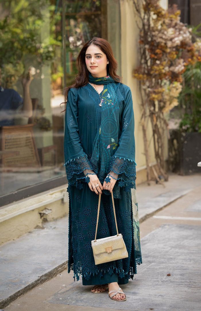 3 Piece - Dhanak Full Heavy Embroidered Suit with Digital Print Wool Shawl (Unstitched)