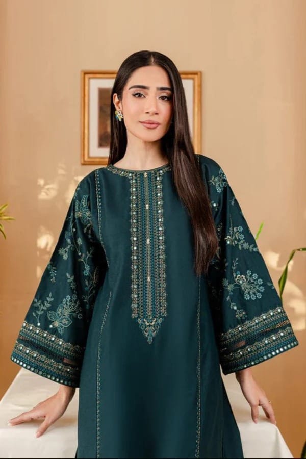 2 Piece - Dhanak Full Heavy Embroidered Suit with Plain Dyed Trouser (Unstitched)