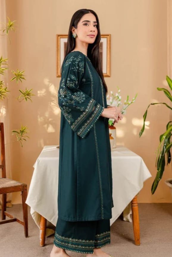 2 Piece - Dhanak Full Heavy Embroidered Suit with Plain Dyed Trouser (Unstitched)