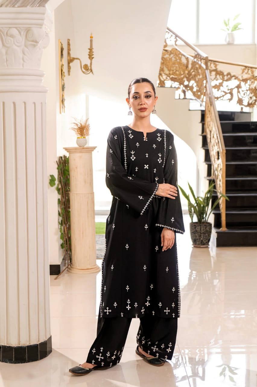 2 Piece - Dhanak Full Heavy Embroidered Suit with Plain Dyed Trouser (Unstitched)
