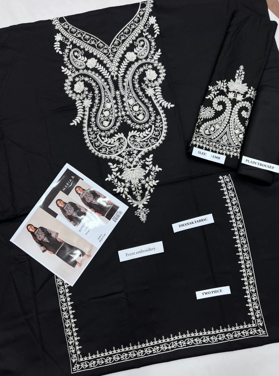 2 Piece - Dhanak Full Heavy Embroidered Suit with Plain Dyed Trouser (Unstitched)