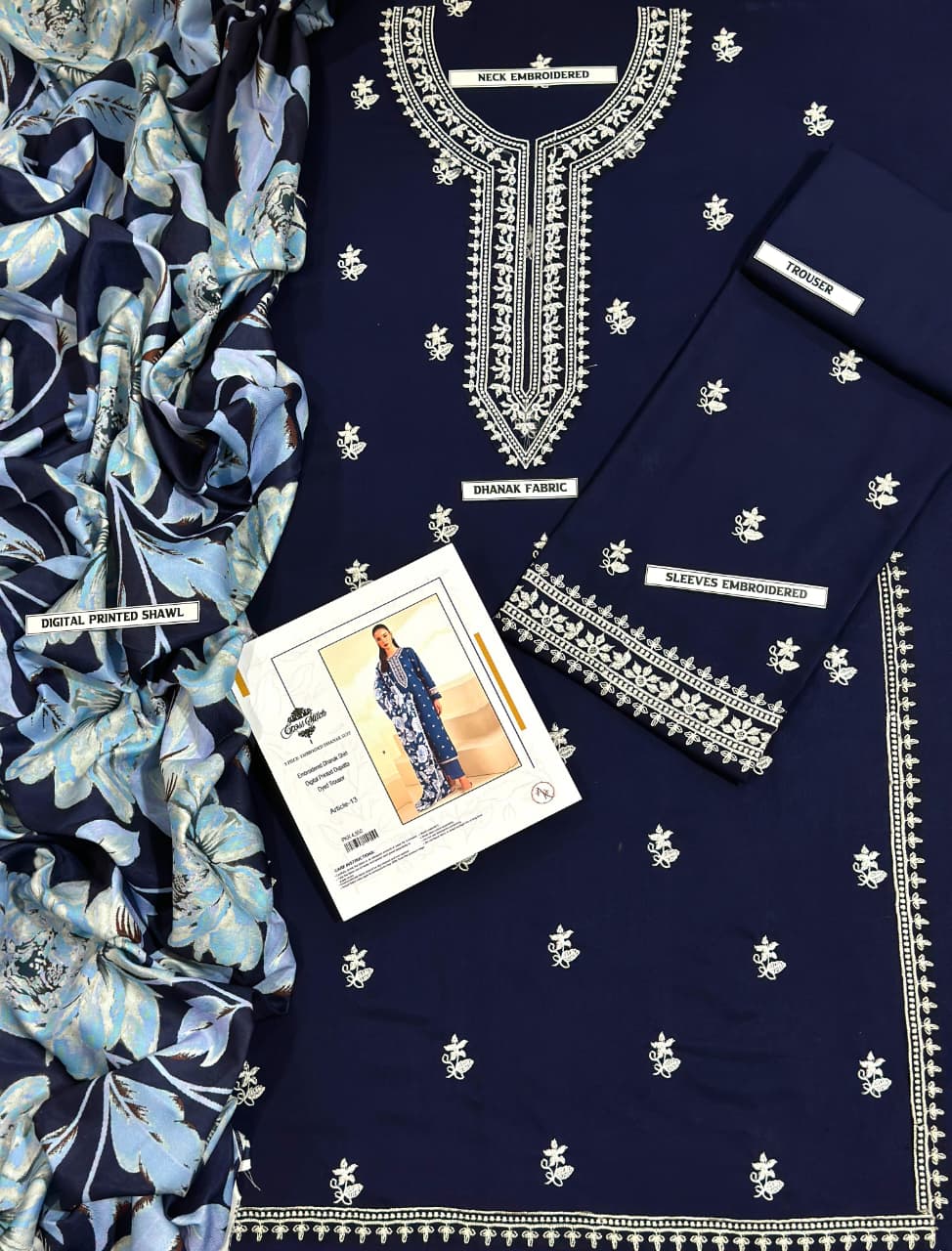 3 Piece - Cross Stitch Dhanak Embroidered Suit with Digital Printed Pashmina Shawl (Unstitched)