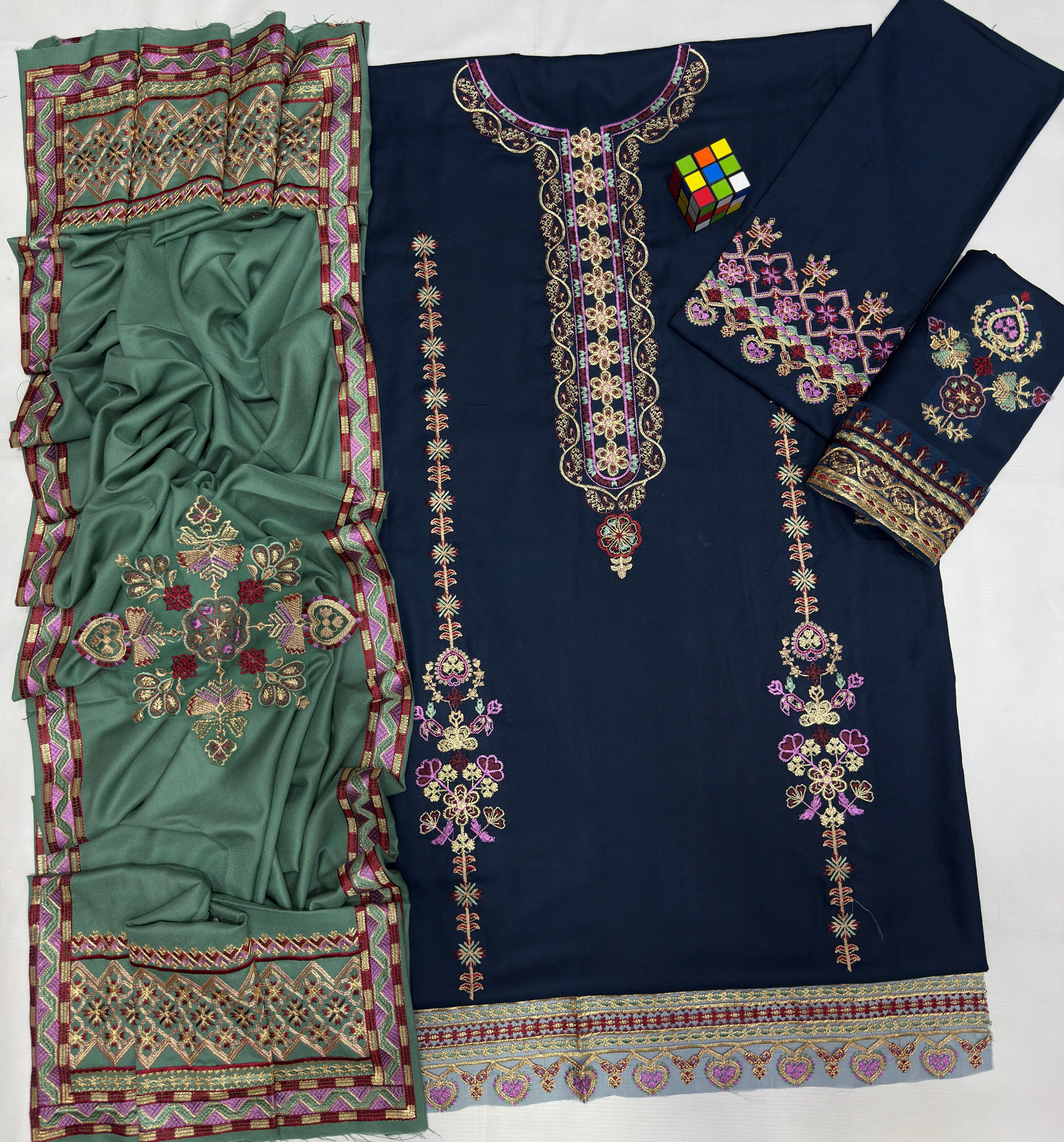3 Piece - Dhanak Embroidered Suit with Dhanak Embroidered Shawl (Unstitched)
