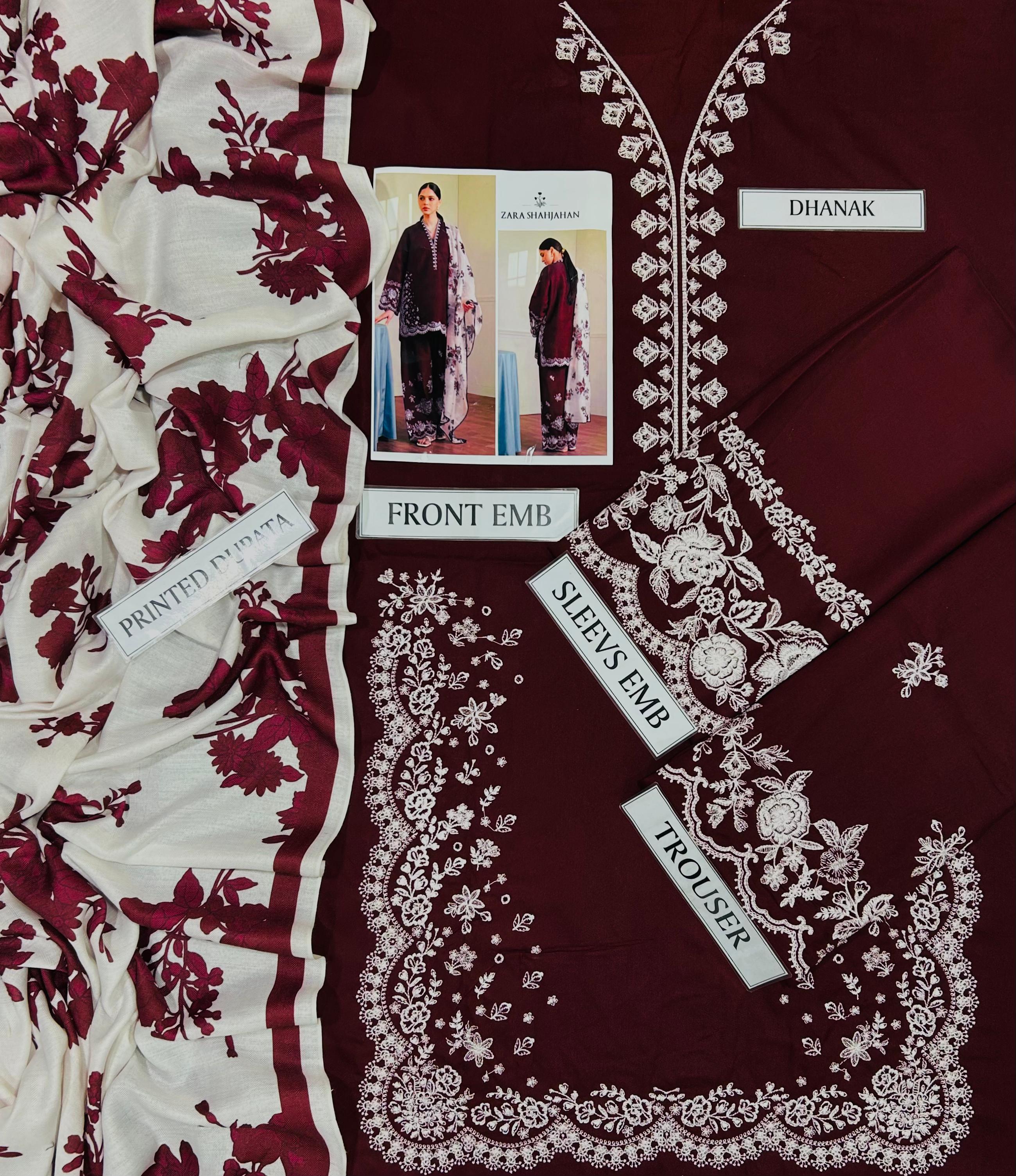 3 Piece - Zara Shahjahan Dhanak Full Heavy Embroidered Suit with Digital Printed Soft Pashmina Wool Shawl (Unstitched)