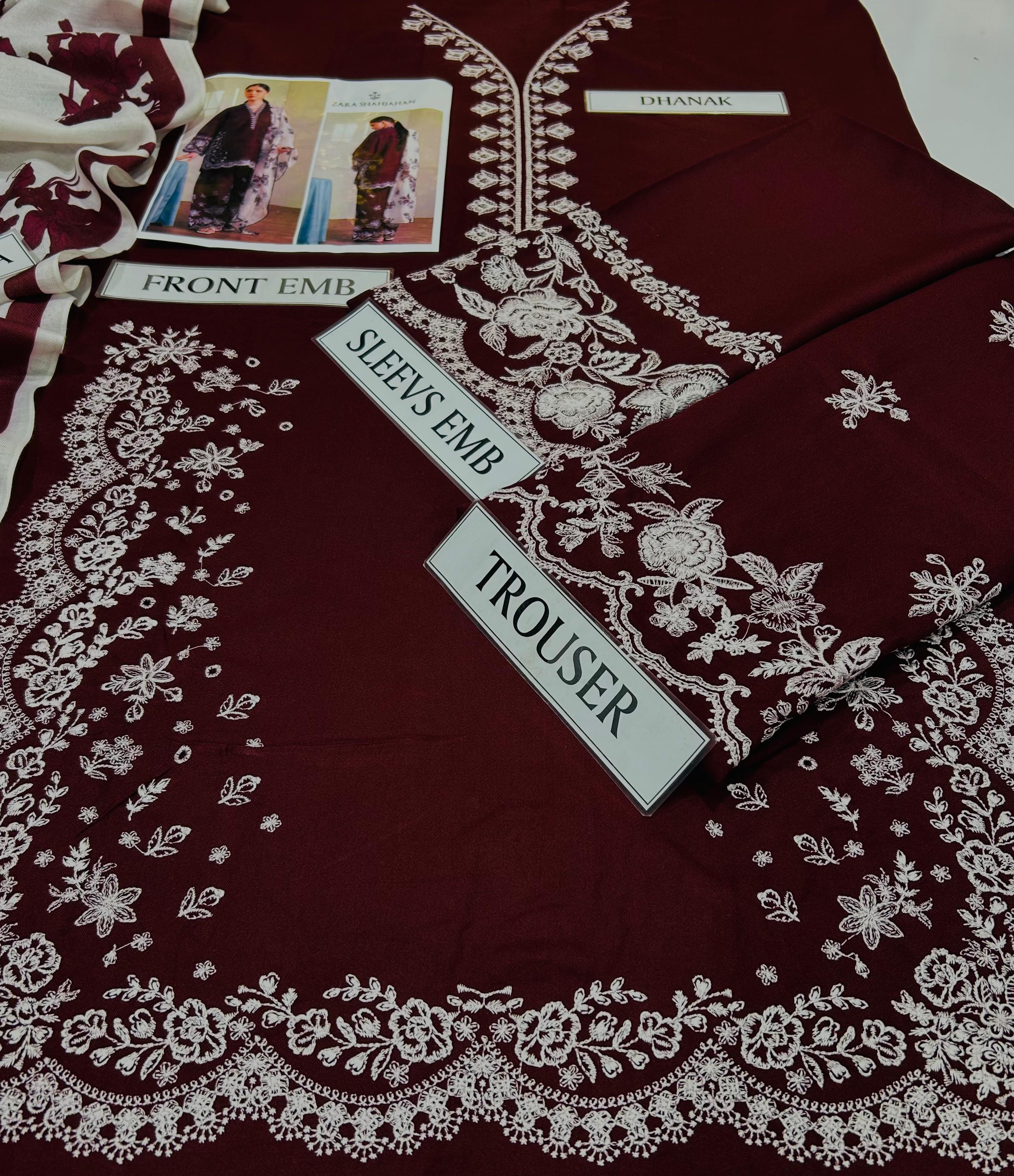 3 Piece - Zara Shahjahan Dhanak Full Heavy Embroidered Suit with Digital Printed Soft Pashmina Wool Shawl (Unstitched)