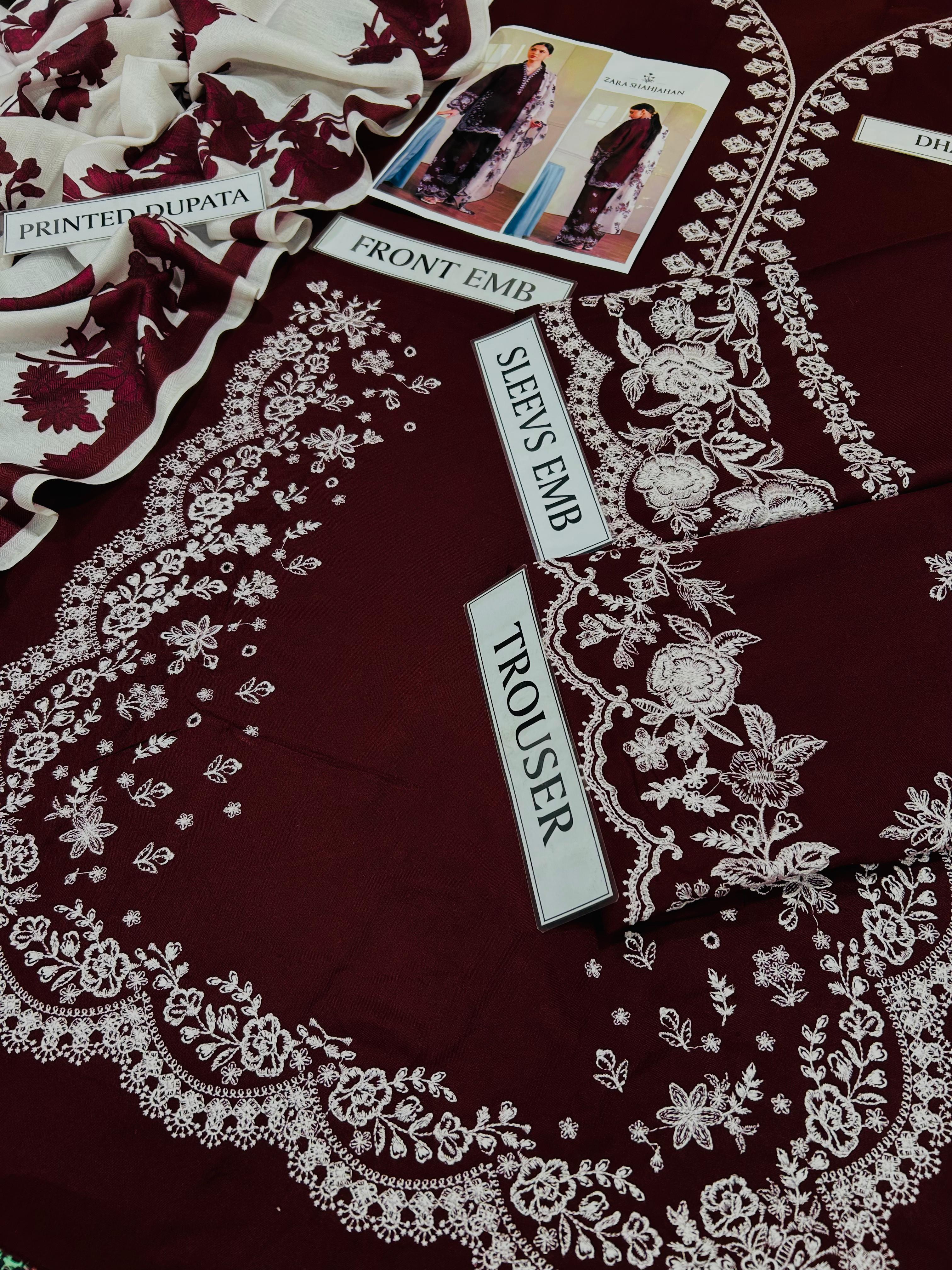 3 Piece - Zara Shahjahan Dhanak Full Heavy Embroidered Suit with Digital Printed Soft Pashmina Wool Shawl (Unstitched)