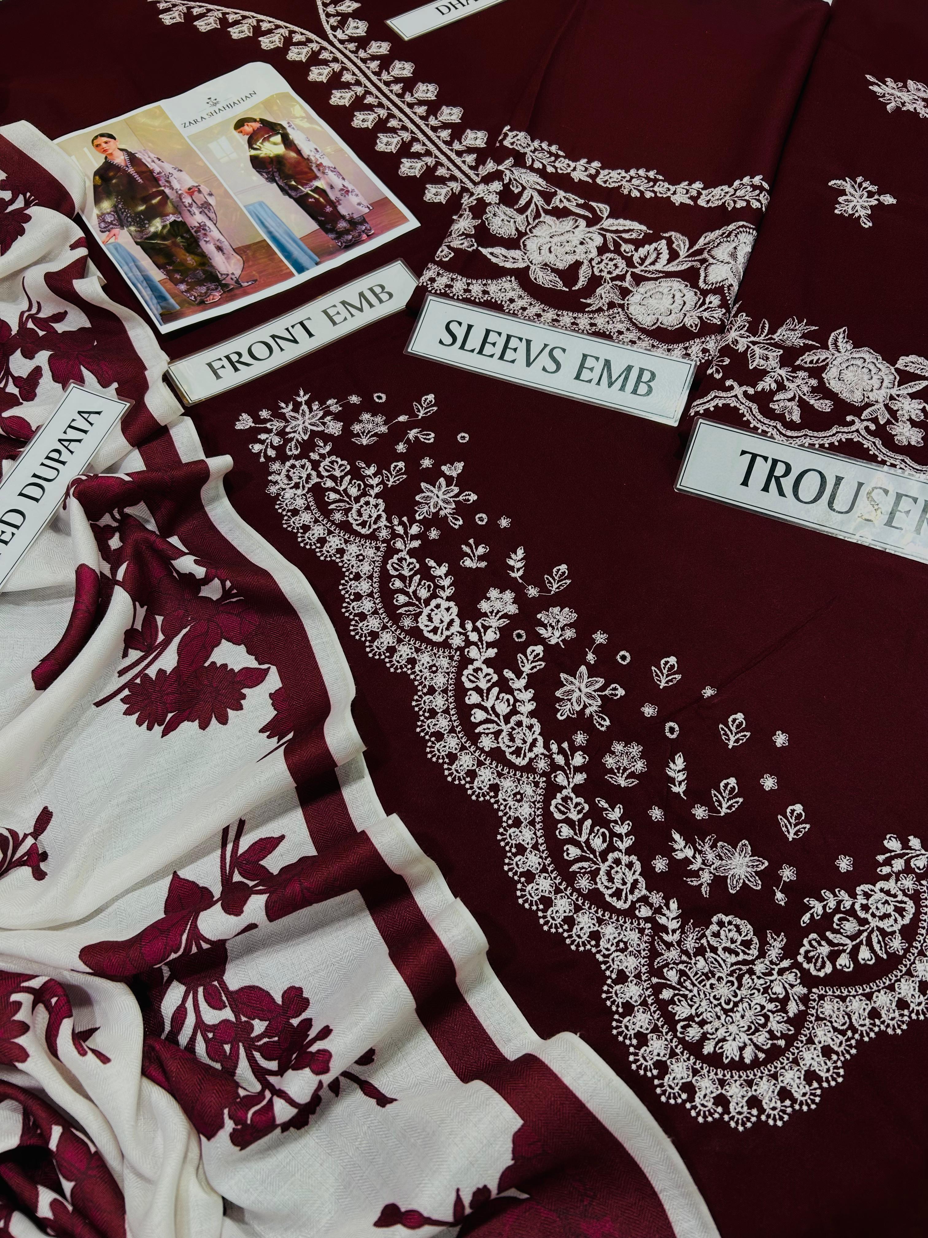 3 Piece - Zara Shahjahan Dhanak Full Heavy Embroidered Suit with Digital Printed Soft Pashmina Wool Shawl (Unstitched)