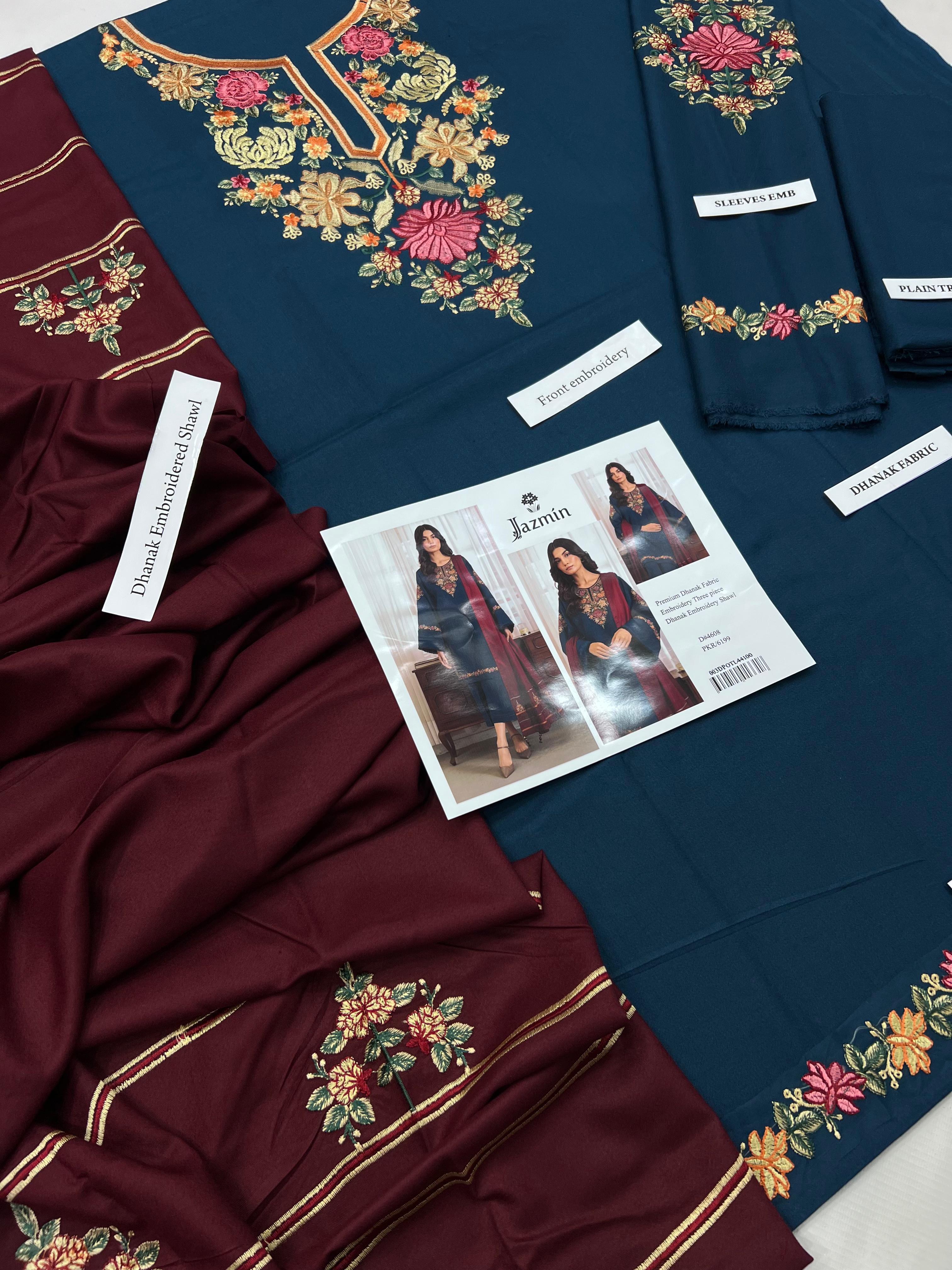 3 Piece - Jazmin Dhanak Full Heavy Embroidered Suit with Full Heavy Embroidered Shawl (Unstitched)