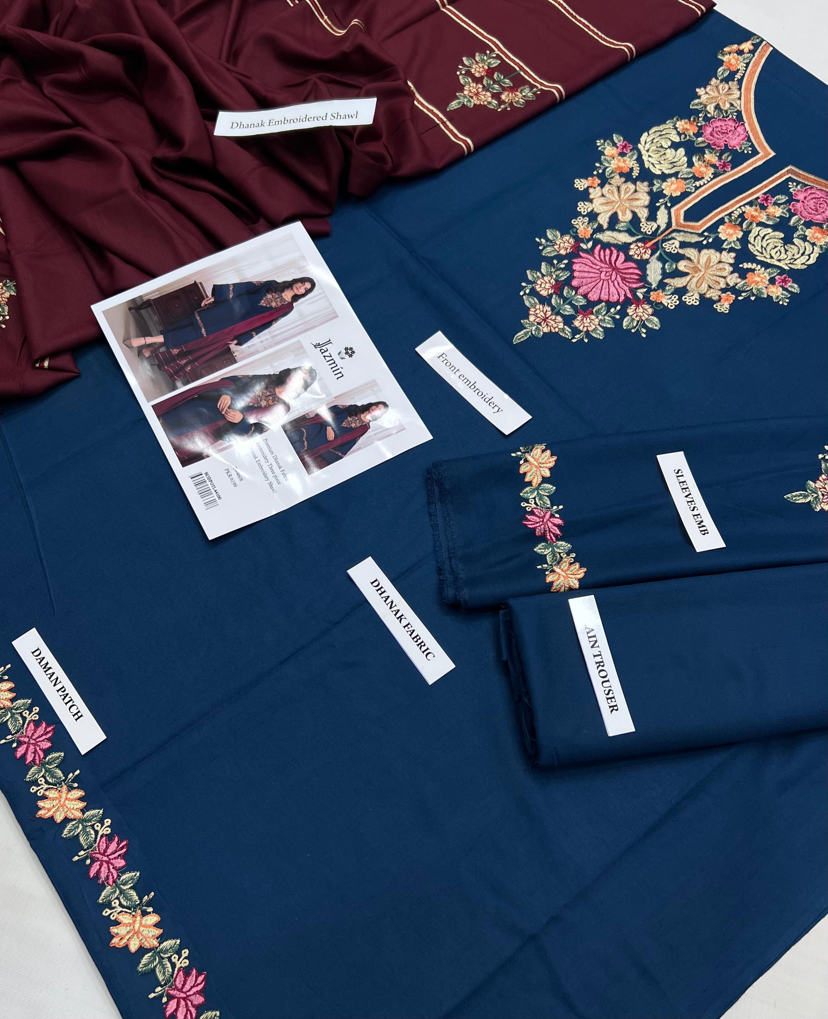 3 Piece - Jazmin Dhanak Full Heavy Embroidered Suit with Full Heavy Embroidered Shawl (Unstitched)