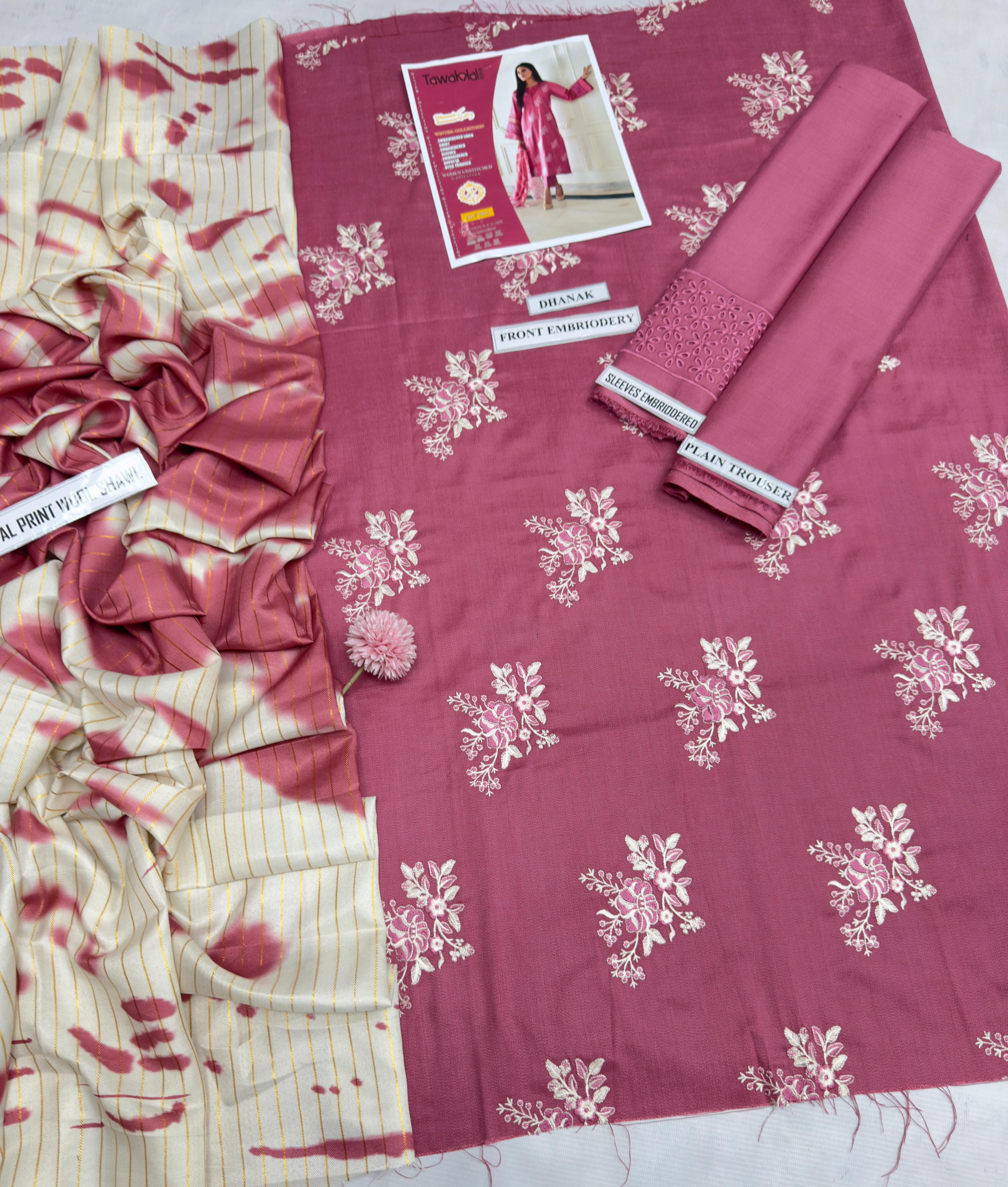 3 Piece - Dhanak Full Heavy Embroidered Suit with Twill Printed Shawl (Unstitched)