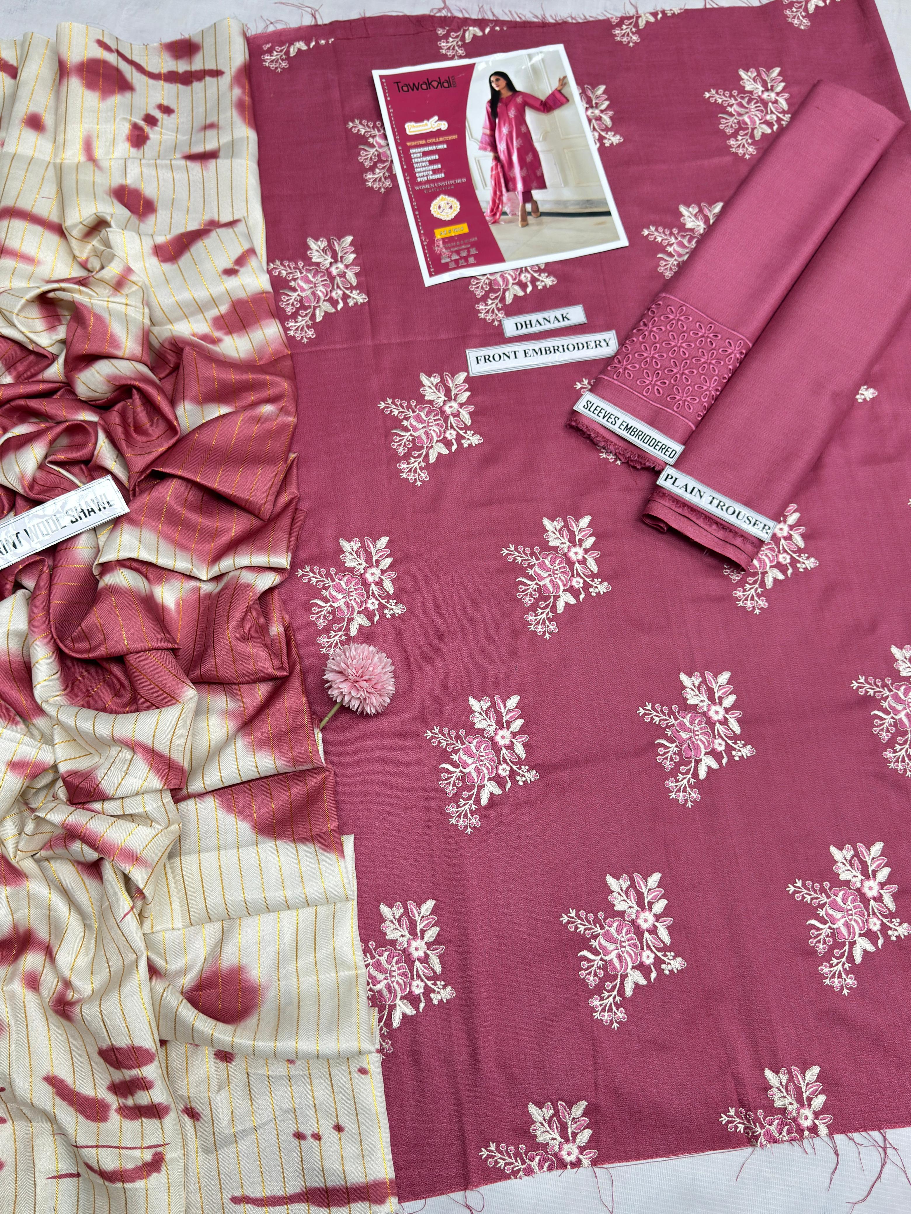 3 Piece - Dhanak Full Heavy Embroidered Suit with Twill Printed Shawl (Unstitched)