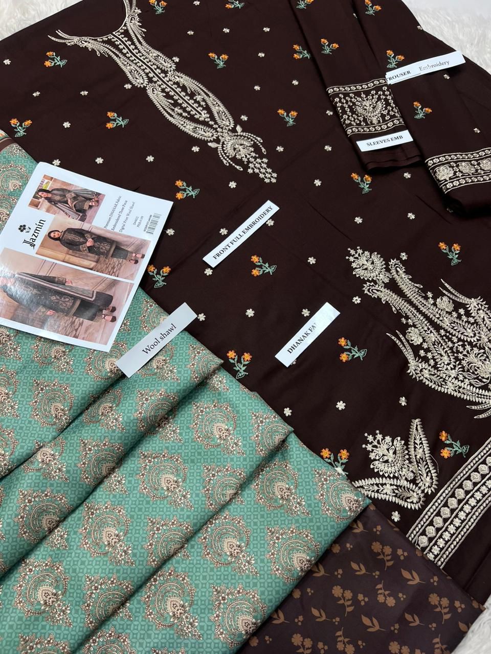 3 Piece - Dhanak Full Heavy Embroidered Suit with Digital Wool Shawl (Unstitched)