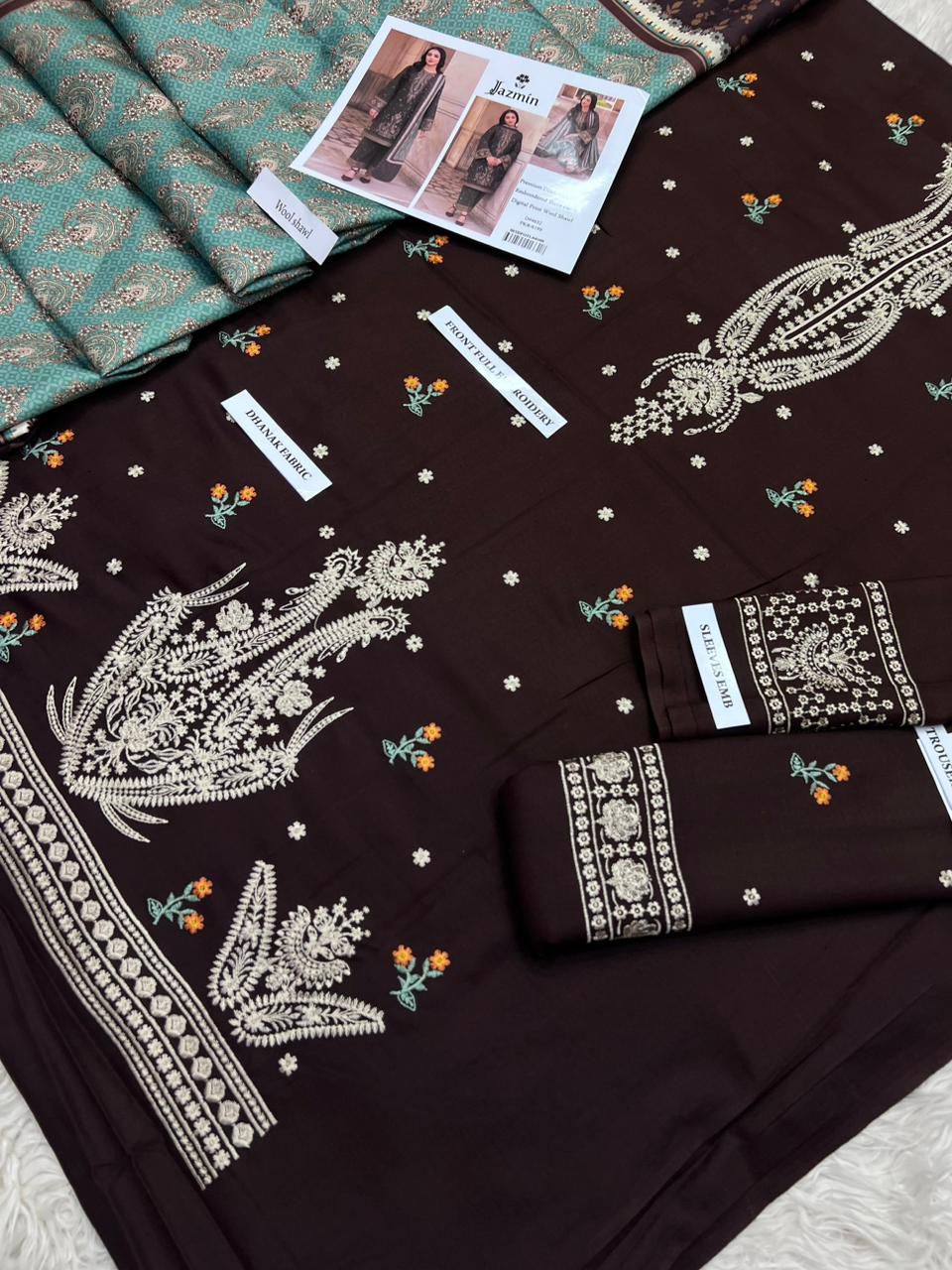 3 Piece - Dhanak Full Heavy Embroidered Suit with Digital Wool Shawl (Unstitched)