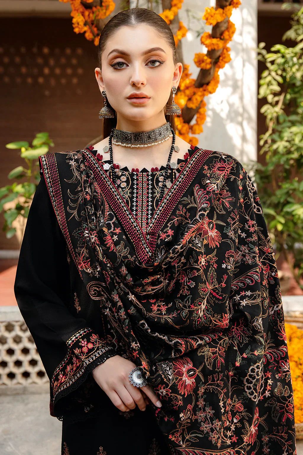 3 Piece - Dhanak Full Heavy Embroidered Suit with Heavy Embroidered Shawl (Unstitched)