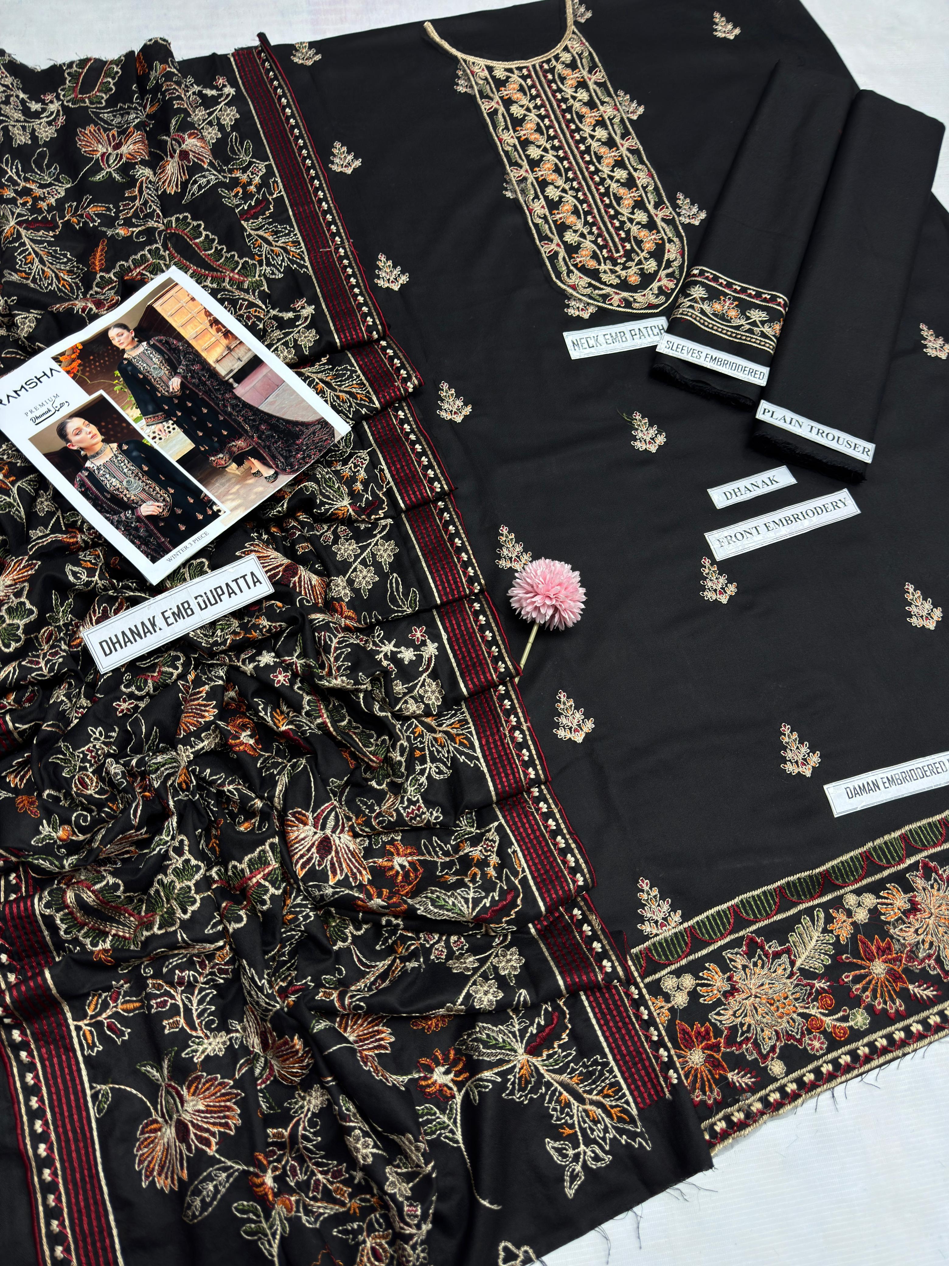 3 Piece - Dhanak Full Heavy Embroidered Suit with Heavy Embroidered Shawl (Unstitched)