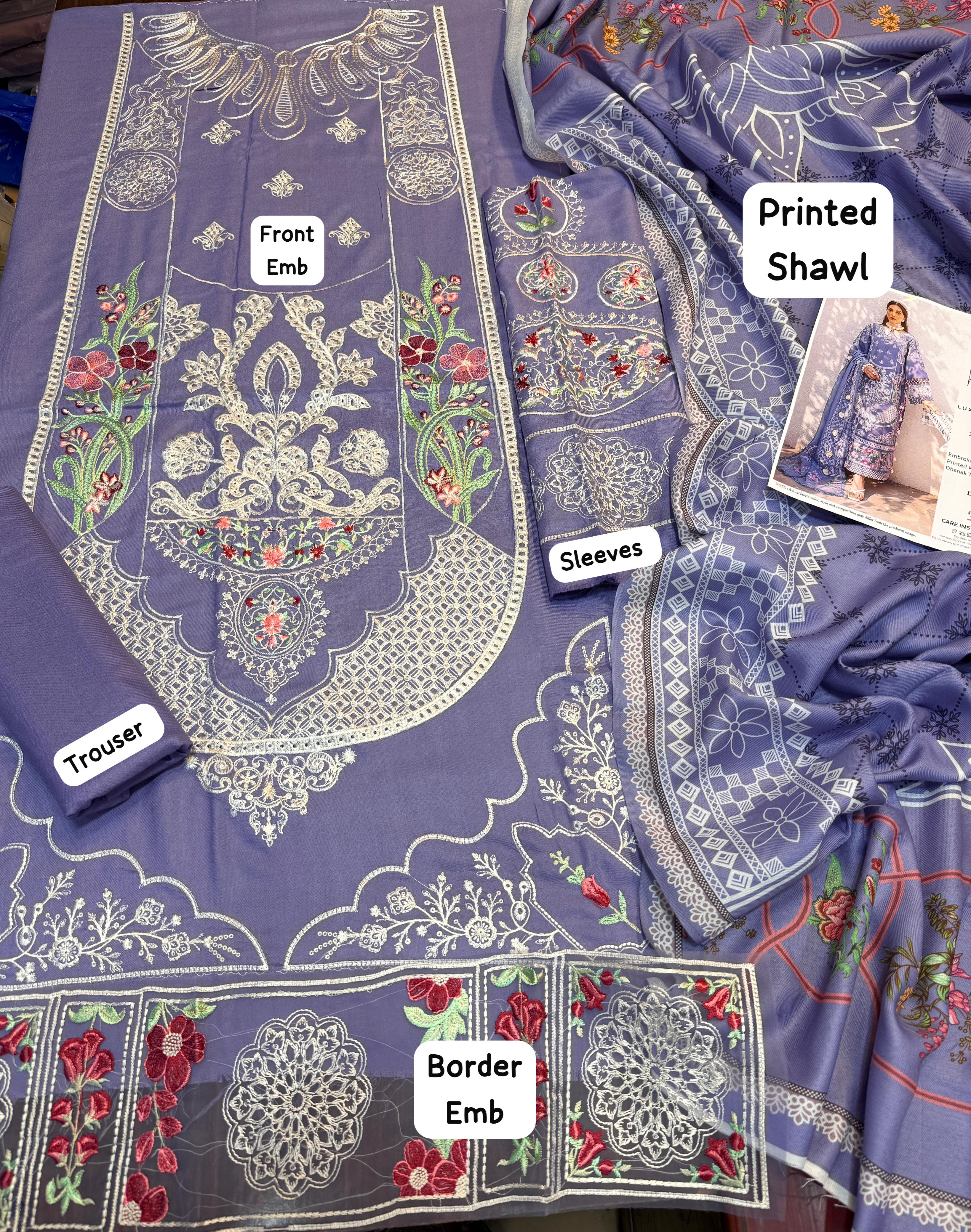 3 Piece - Dhanak Full Heavy Embroidered Suit with Printed Pashmina Wool Shawl (Unstitched)