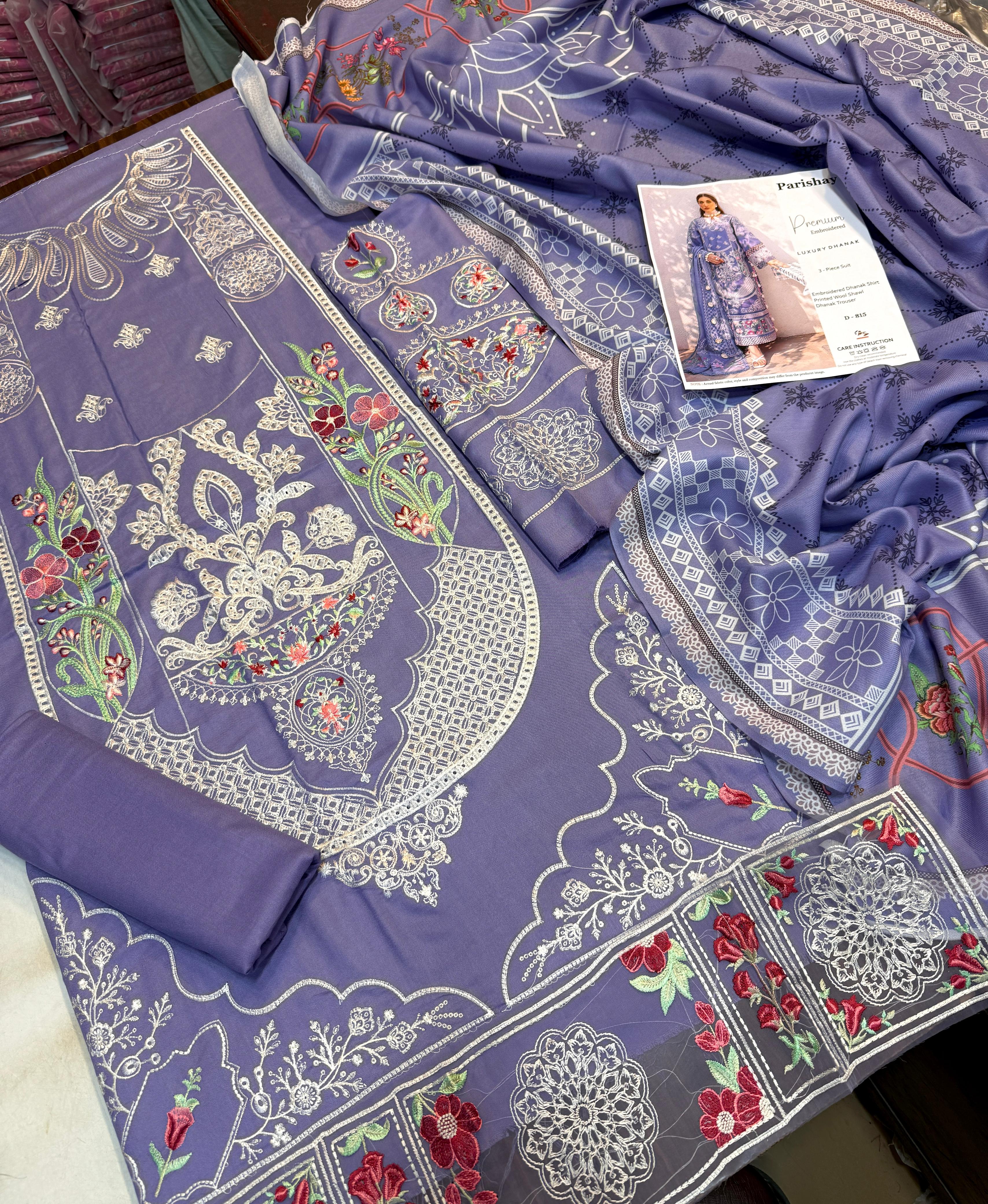 3 Piece - Dhanak Full Heavy Embroidered Suit with Printed Pashmina Wool Shawl (Unstitched)