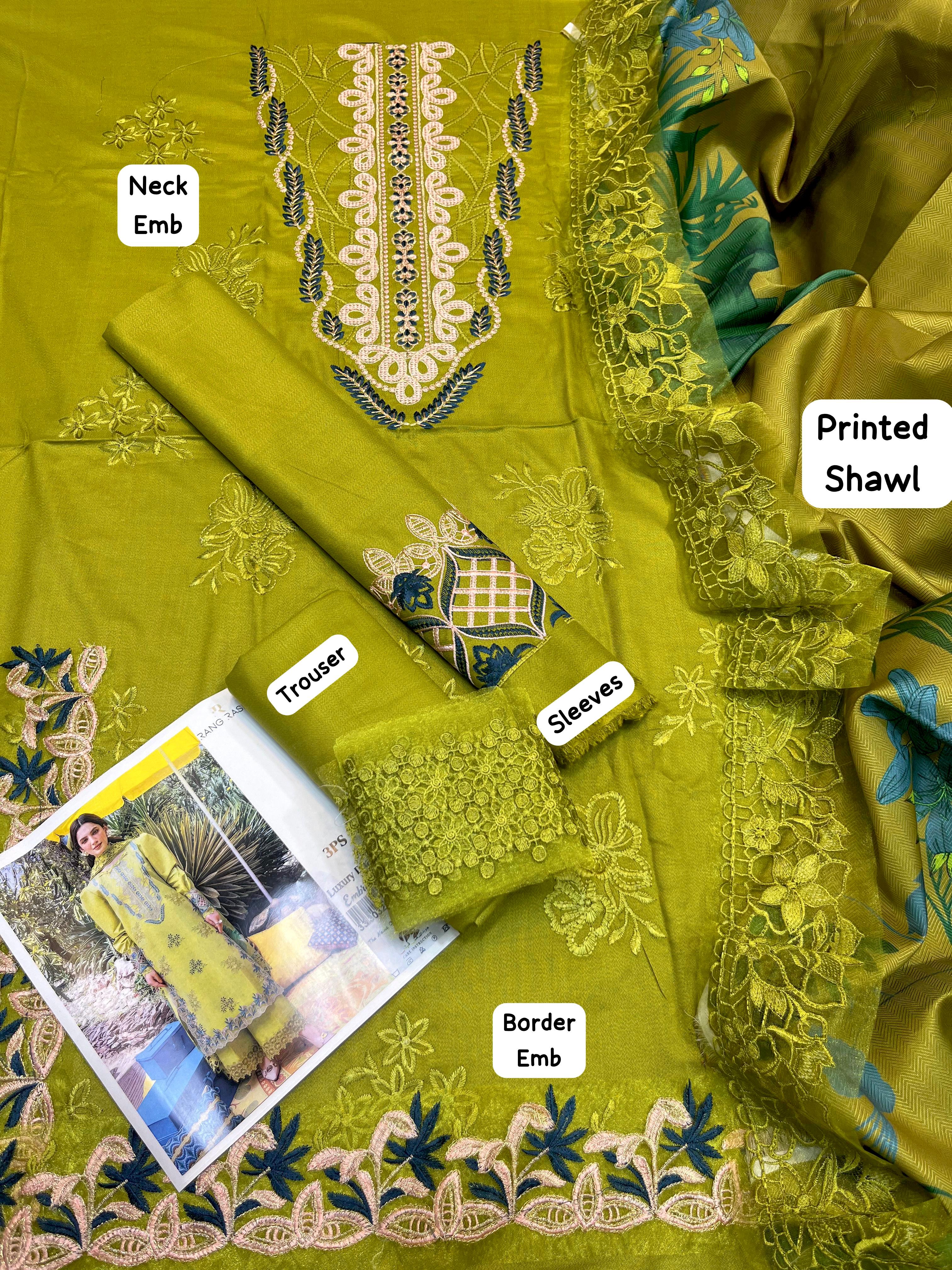 3 Piece - Dhanak Full Heavy Embroidered Suit with Printed Pashmina Wool Shawl (Unstitched)