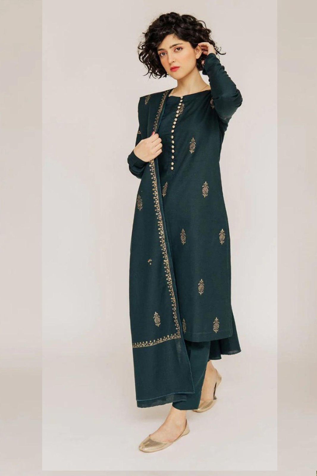 3 Piece - Dhanak Full Heavy Embroidered Suit with Printed Pashmina Shawl (Unstitched)