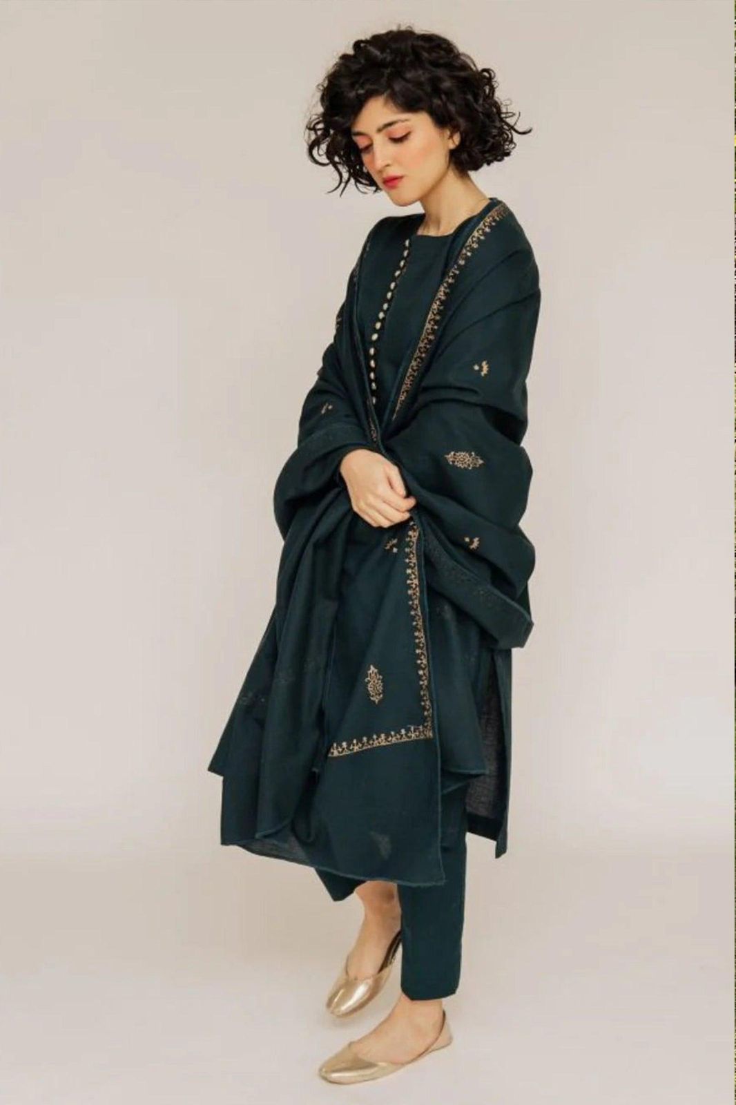 3 Piece - Dhanak Full Heavy Embroidered Suit with Printed Pashmina Shawl (Unstitched)