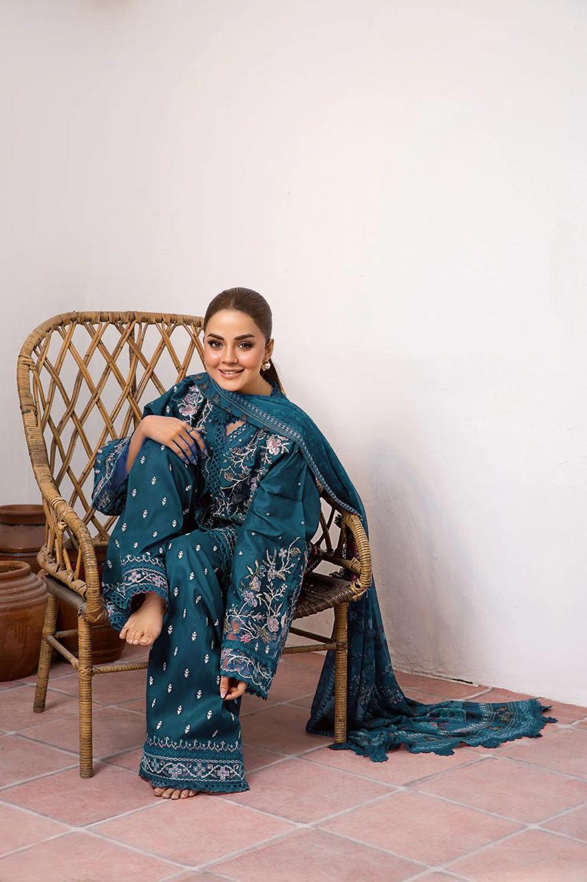 3 Piece - Dhanak Full Heavy Embroidered Suit with Digital Print Wool Shawl (Unstitched)