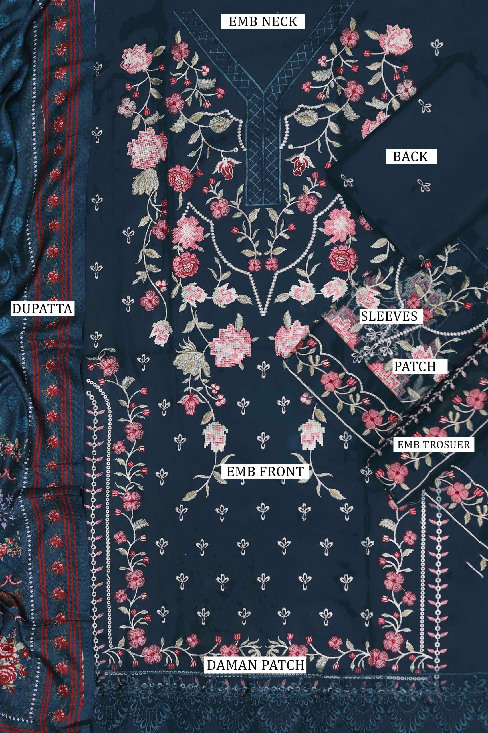 3 Piece - Dhanak Full Heavy Embroidered Suit with Digital Print Wool Shawl (Unstitched)