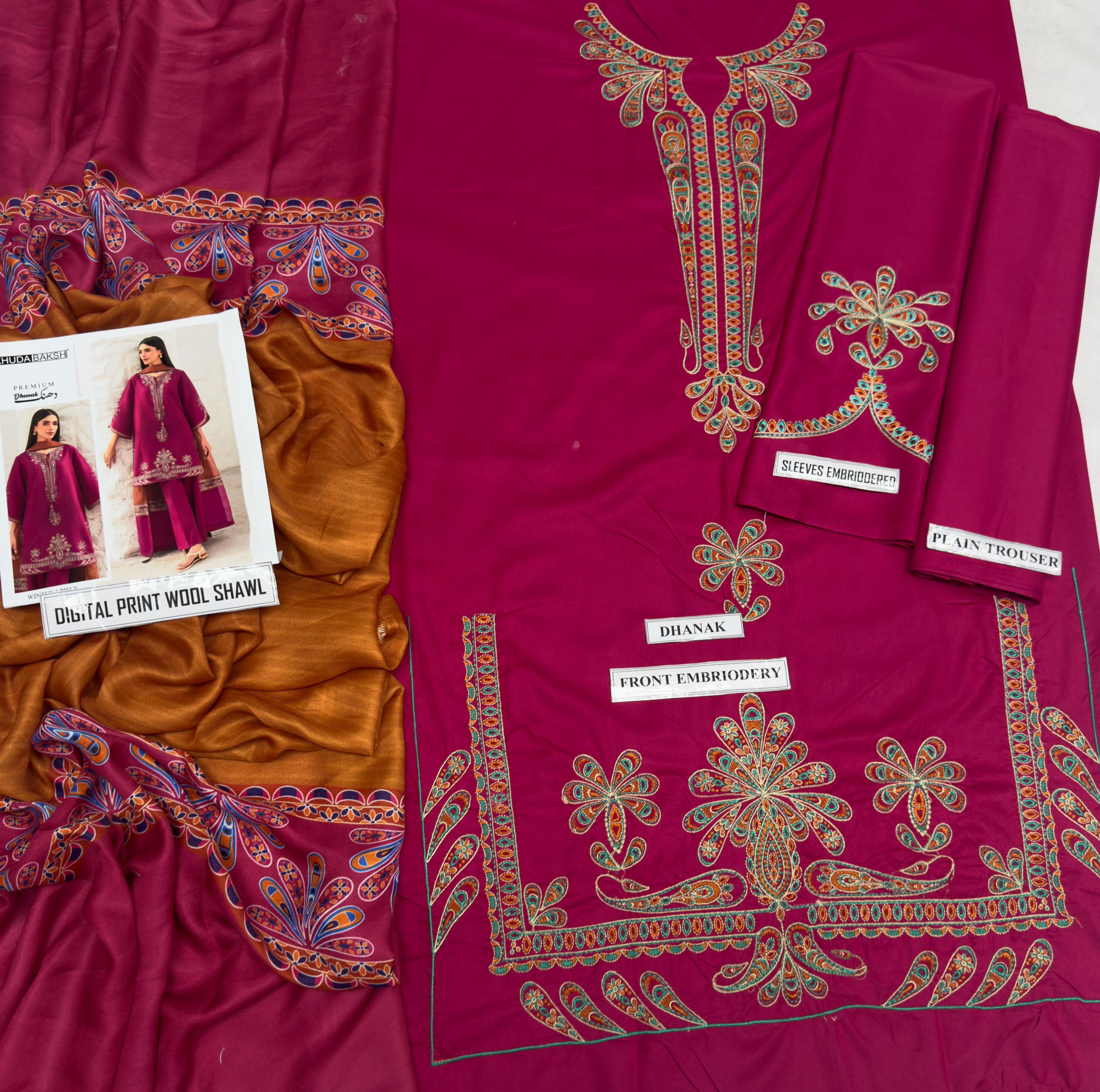 3 Piece - Asim Jofa Dhanak Full Heavy Embroidered Suit with Digital Printed Wool Shawl (Unstitched)